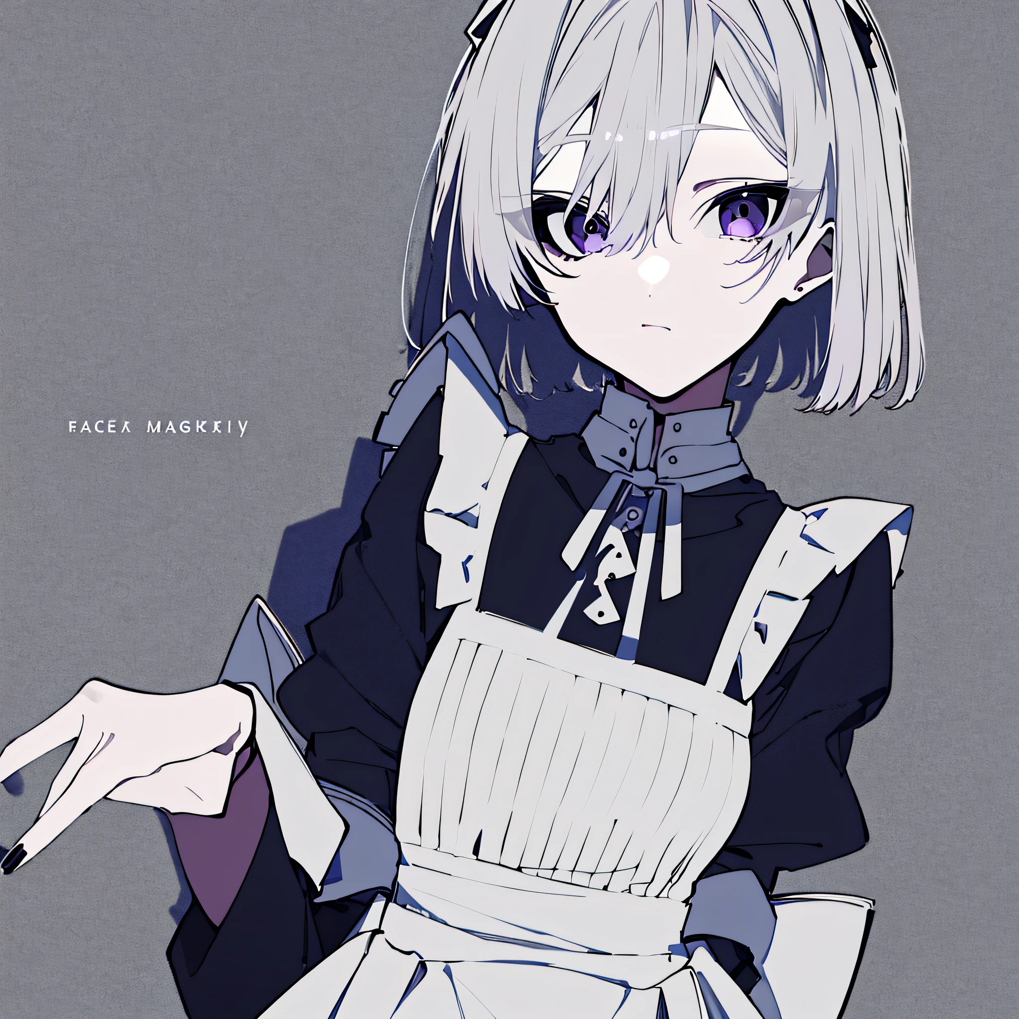 masterpiece, best quality, 1girl, solo, long_hair, looking_at_viewer, bangs, simple_background, long_sleeves, dress, hair_between_eyes, jewelry, closed_mouth, monochrome, upper_body, white_hair, frills, puffy_sleeves, fingernails, maid, maid_headdress, ring, black_nails, purple_background,