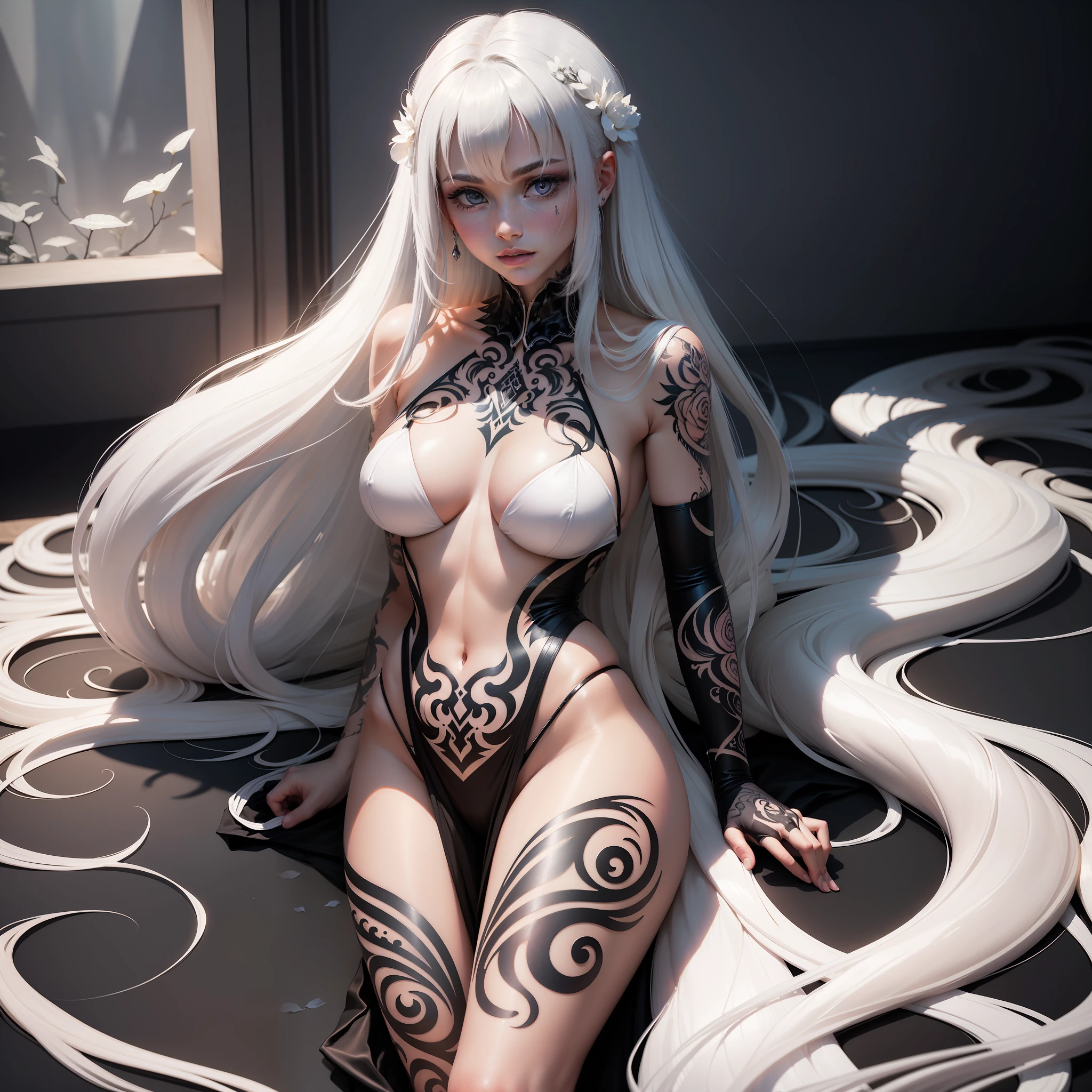 tmasterpiece,Best quality at best,Extreme light and shadow,exquisitedetails,VerydetailedCG,8k wallpaper,long and flowing hair,white colors,Kizi,((semi transparent)),underdressing,disheveled bangs,sitted,((Tattooed with)),Black gloves