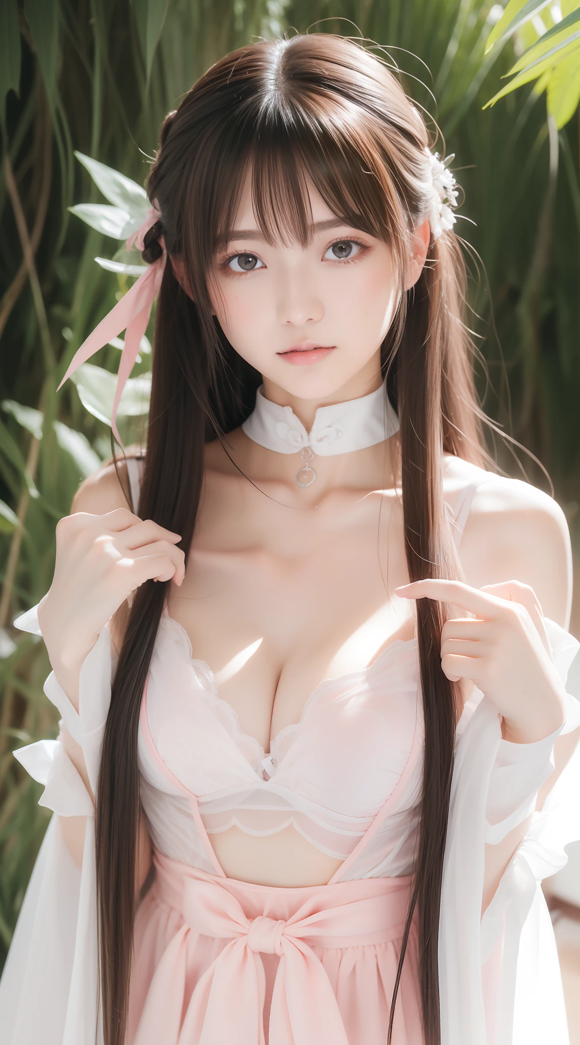 perfect figure beautiful woman：1.4，Layered Hair Style，Protruding cleavage，Pink 2D costume：1.5，Highly Detailed Face and Skin Textur，二重まぶた，Whiten the skin，long whitr hair，playing water，Collar