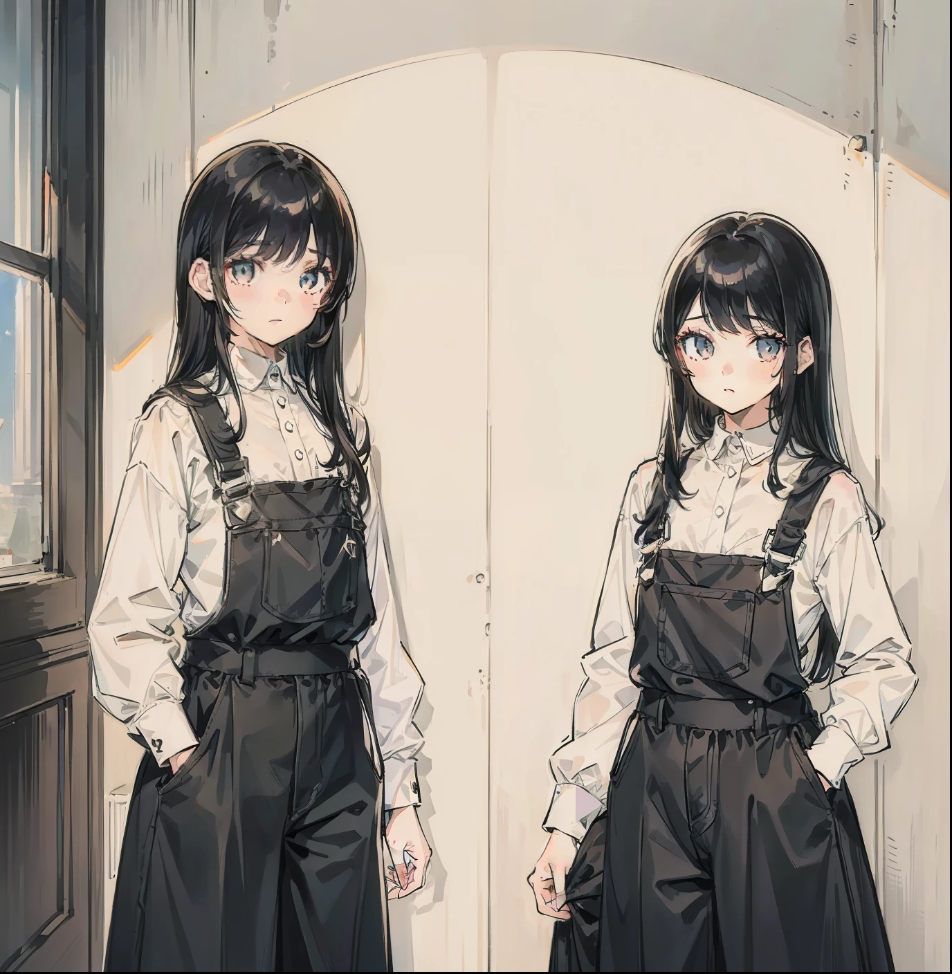 ((best quality)), (2 girls, black hair and white hair), overalls
