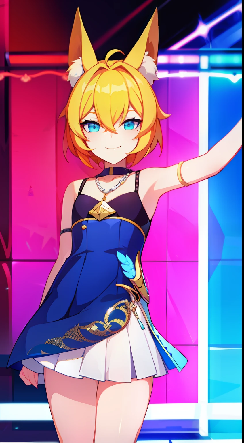 Young guy, short blonde hair, Fox ears, Cyan eyes, pop-idol, ssmile, Masterpiece, hiquality