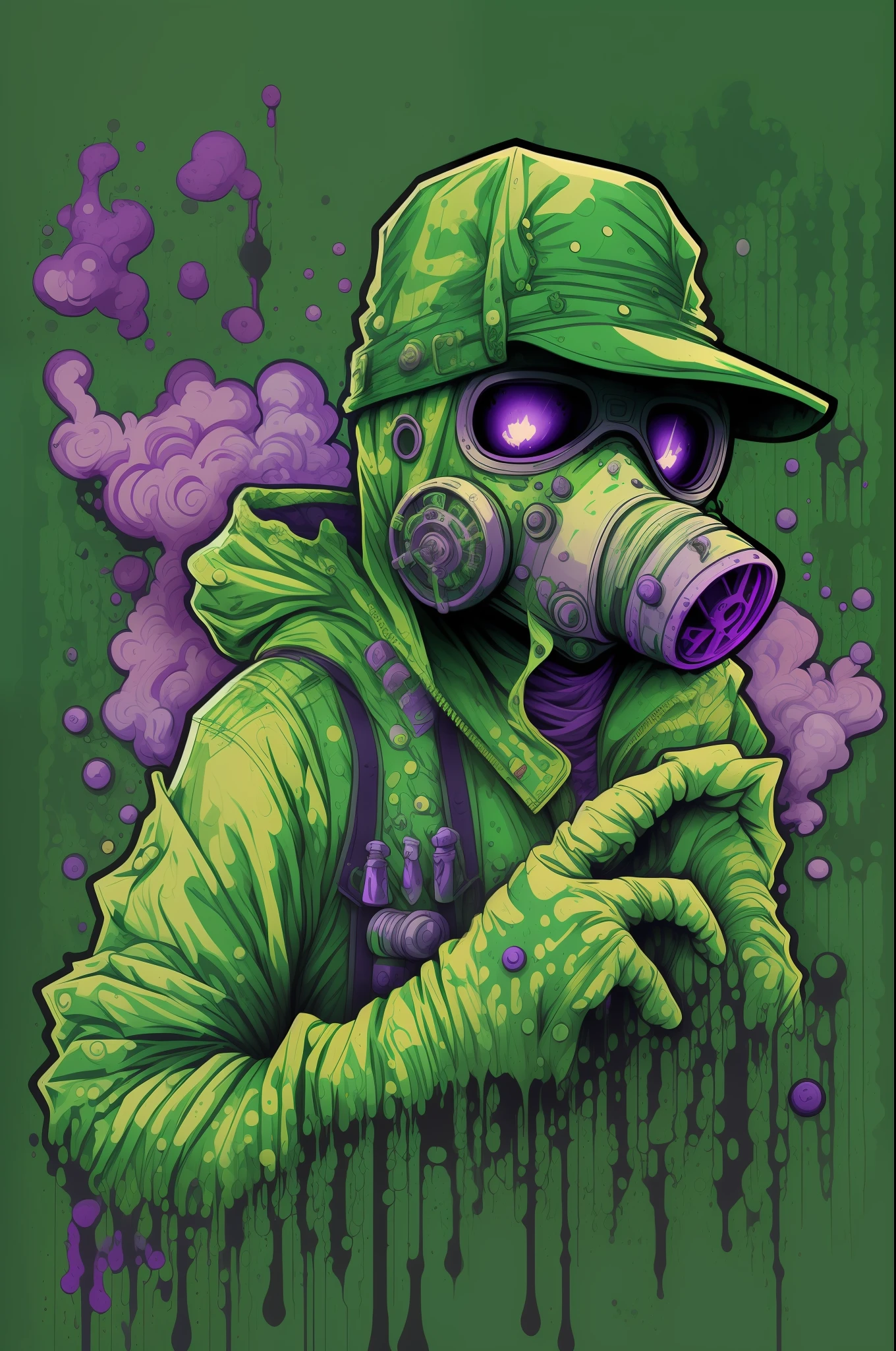 a green and purple gas mask with a purple hat, toxic drips, toxic, toxic cat, toxic air, toxic waste, toxic slime, toxic clouds, epic art style, estilo rat fink, monotone, arte limpa, atomic punk, arte biopunk, horrible background, Roupas Biopunk, toxicidade, Chaotic punk, Vapor Punk, in graffiti style