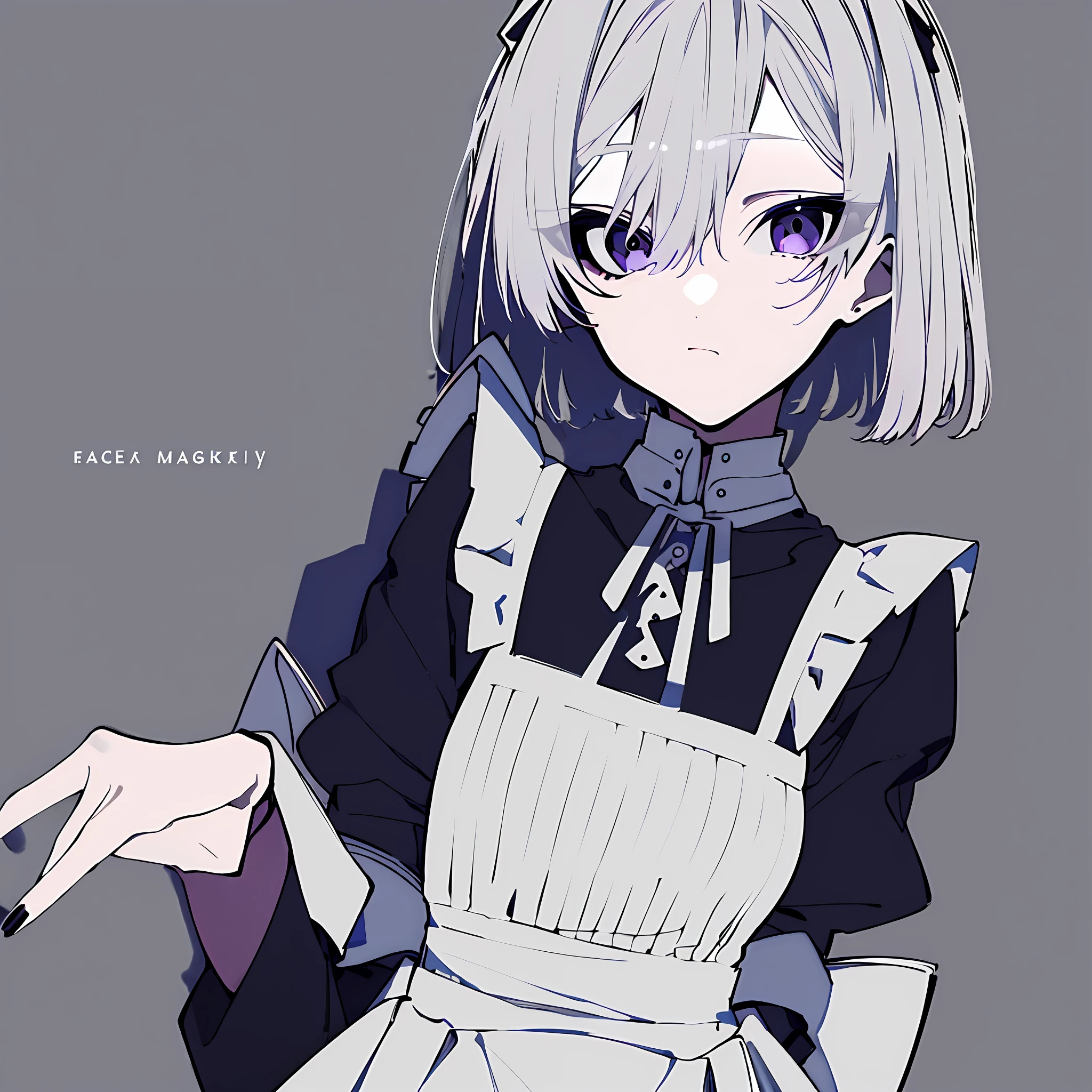 masterpiece, best quality, 1girl, solo, long_hair, looking_at_viewer, bangs, simple_background, long_sleeves, dress, hair_between_eyes, jewelry, closed_mouth, monochrome, upper_body, white_hair, frills, puffy_sleeves, fingernails, maid, maid_headdress, ring, black_nails, purple_background,