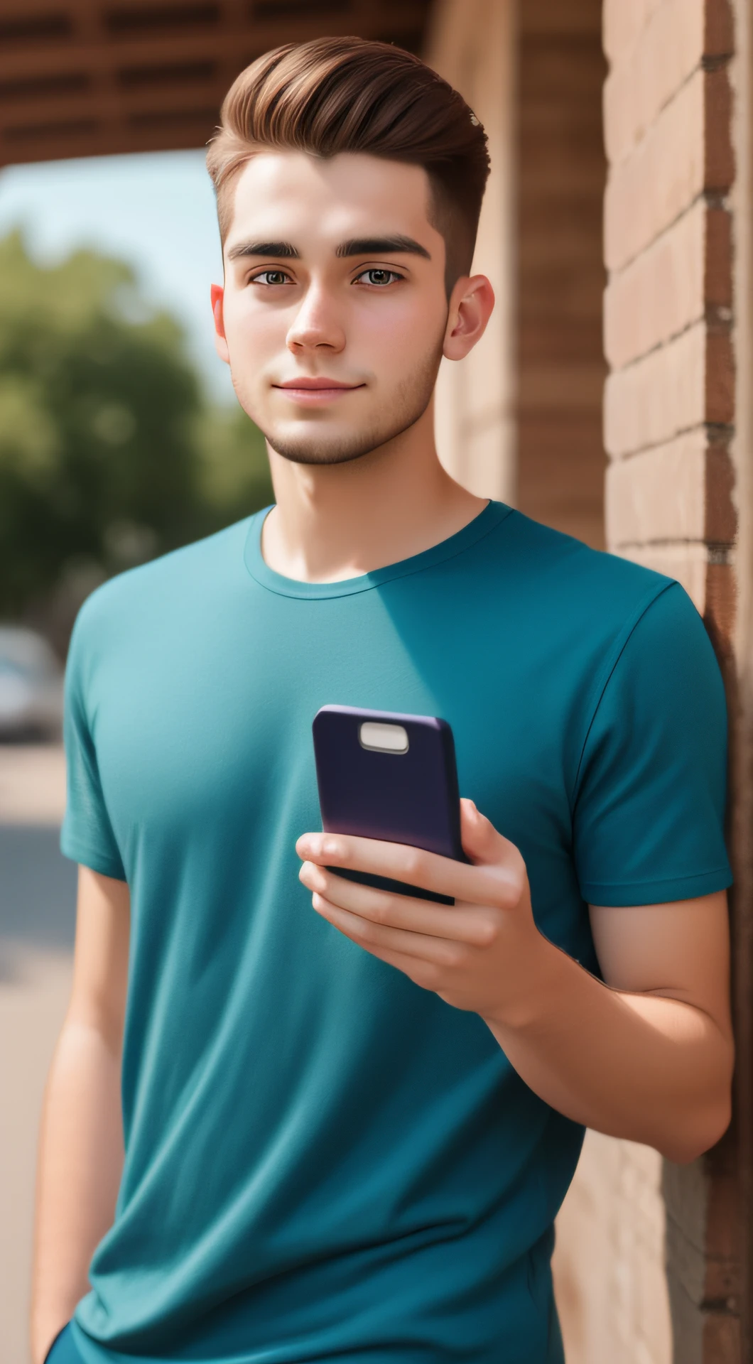 25-year-old man looking at the camera showing his phone