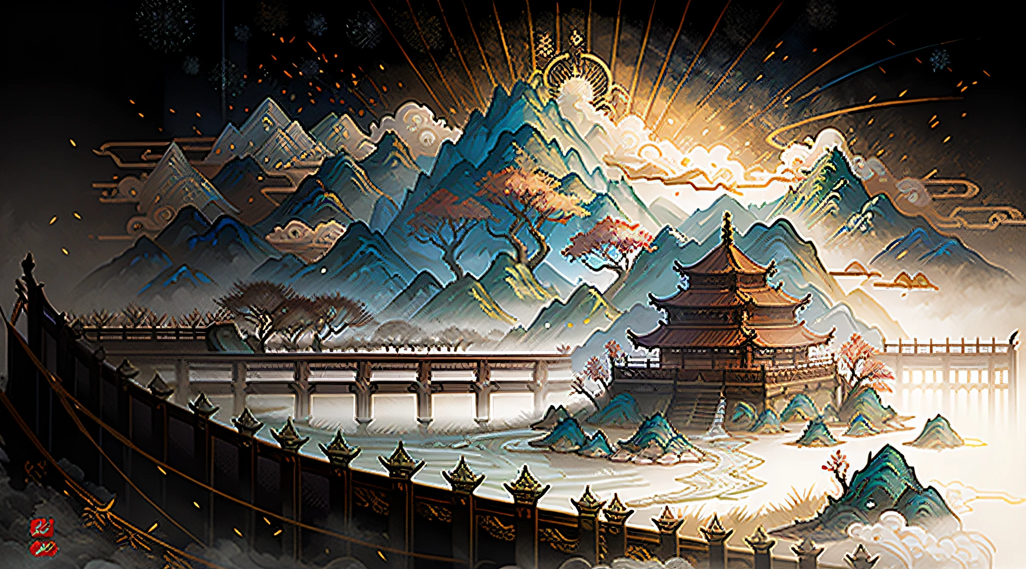 An ancient Chinese painting， ancient chinese background， mountain ranges， rios， Auspicious clouds， Pavilions， rays of sunshine， tmasterpiece， super detailing， Epic composition， hyper HD， high qulity， extremely detaile， offcial art， 统一 8k 壁纸， super detailing， 32k -- v 6，10 floors，Between mountains and rivers，scenic landscape
