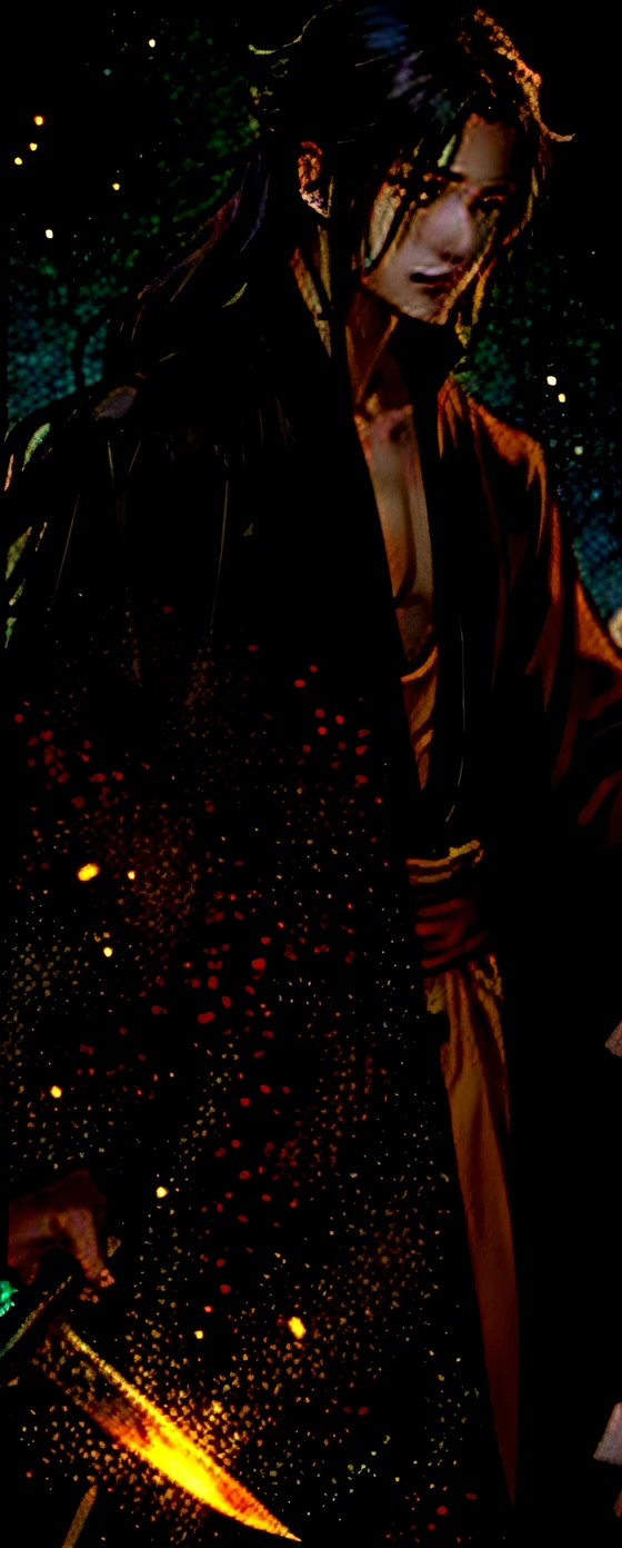 Anime boy in black robe with a long sword， flowing hair and long robes, Ancient Boys，Young man，Dressed in yellow，Handsome face，The forehead has a demon pattern，A hearty smile