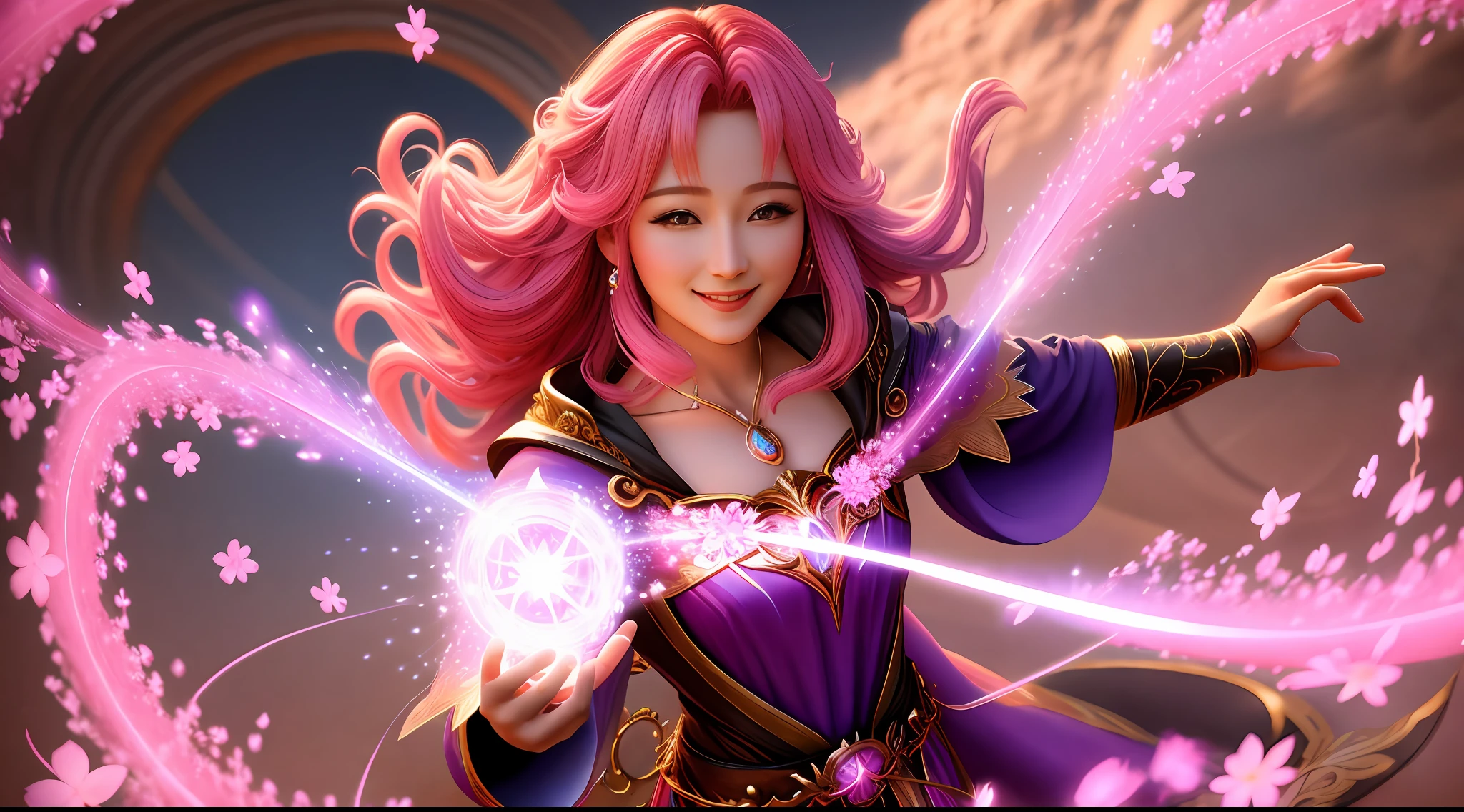 "3D magic Sakura photo photo，Beautiful and detailed CG effect，A colorful world of magic，Magical costume，A sweet smile，long and flowing hair，Brilliant magic effects，Fantastic background，A scene full of magical powers。"