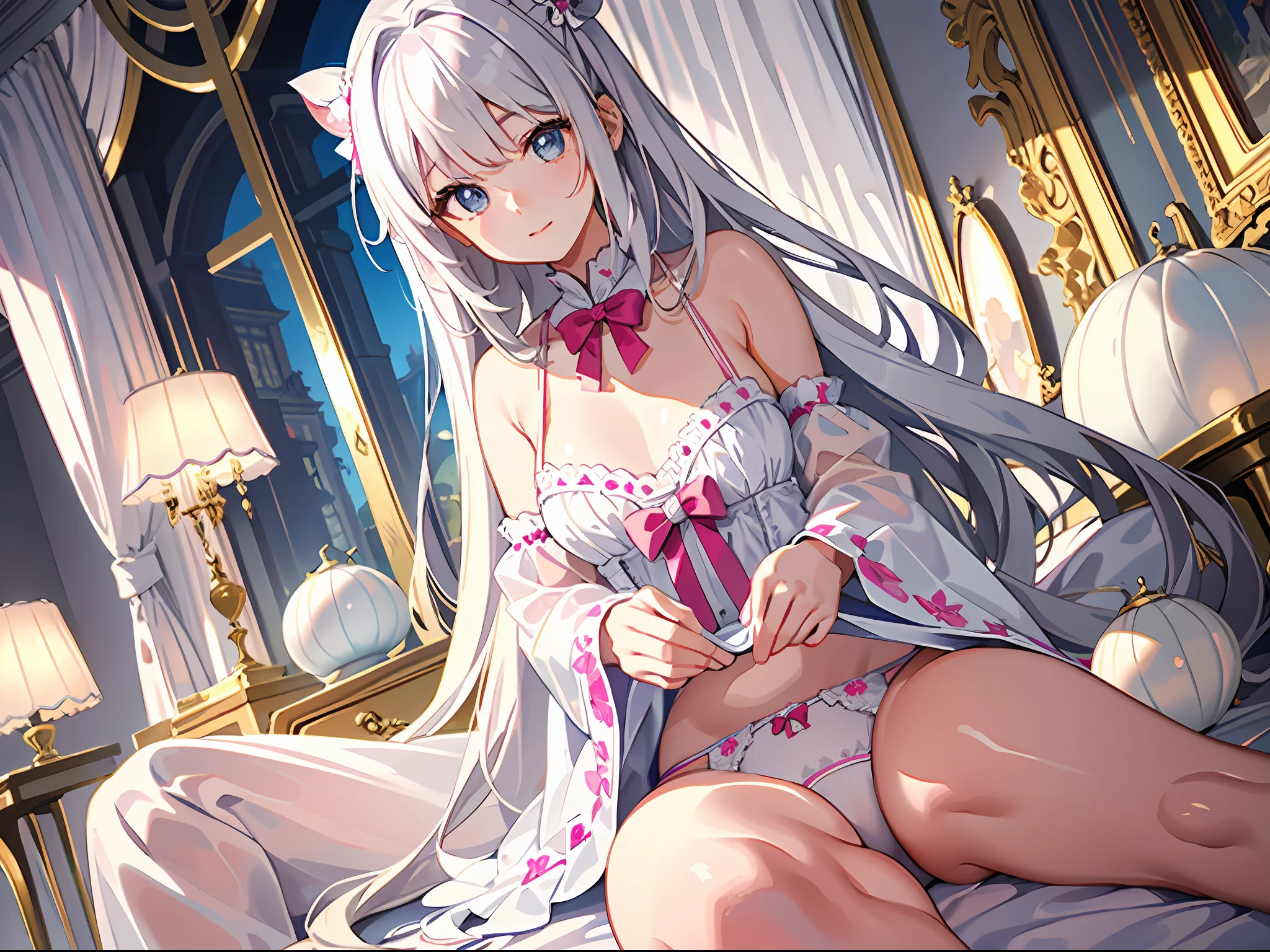 tmasterpiece, best qualtiy, ultra - detailed, illustratio, 中景 the scene is,Beautiful detailed eyes, ((Faraway view,Wide angle 1.31)),On the outside,one-girl,White color hair,((Sitting in huge shells)),Pink bow,Blue underwear,Raised sexy,Directly opposite,middlebreast