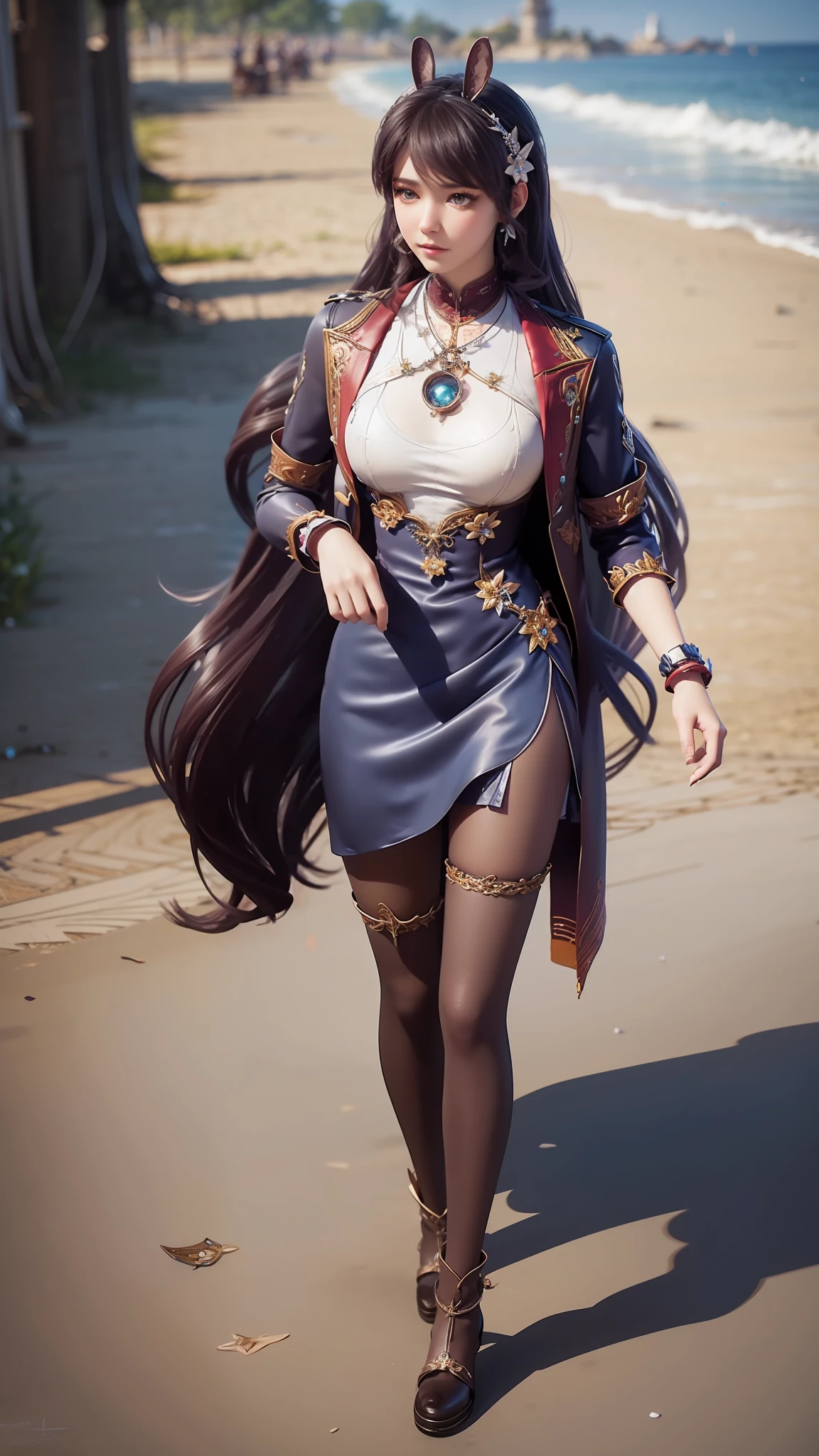Arad woman in blue dress and white shirt walking on the beach, photorealistic anime girl rendering, render of a cute 3d anime girl, 3 D rendering character art 8 K, realistic fantasy rendering, Costume with blue accents, wearing fantasy clothing, fantasyoutfit, fantasy style clothing, hyper-detailed fantasy character, stuning fantasy 3 d render