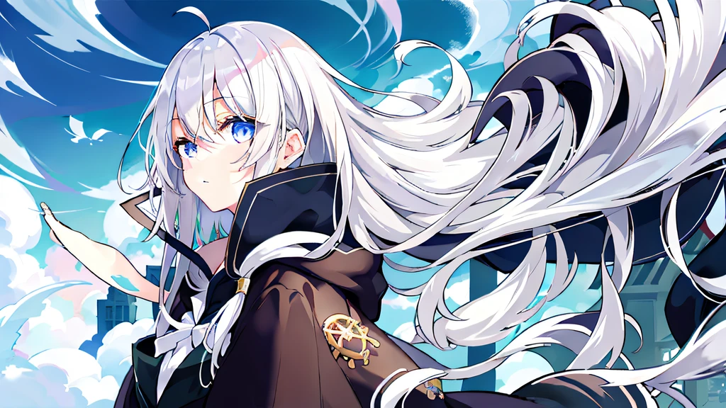 Above the clouds,Girl with white hair,Anime style 4k,white haired Cangcang,Perfect white haired girl,clean and meticulous anime art