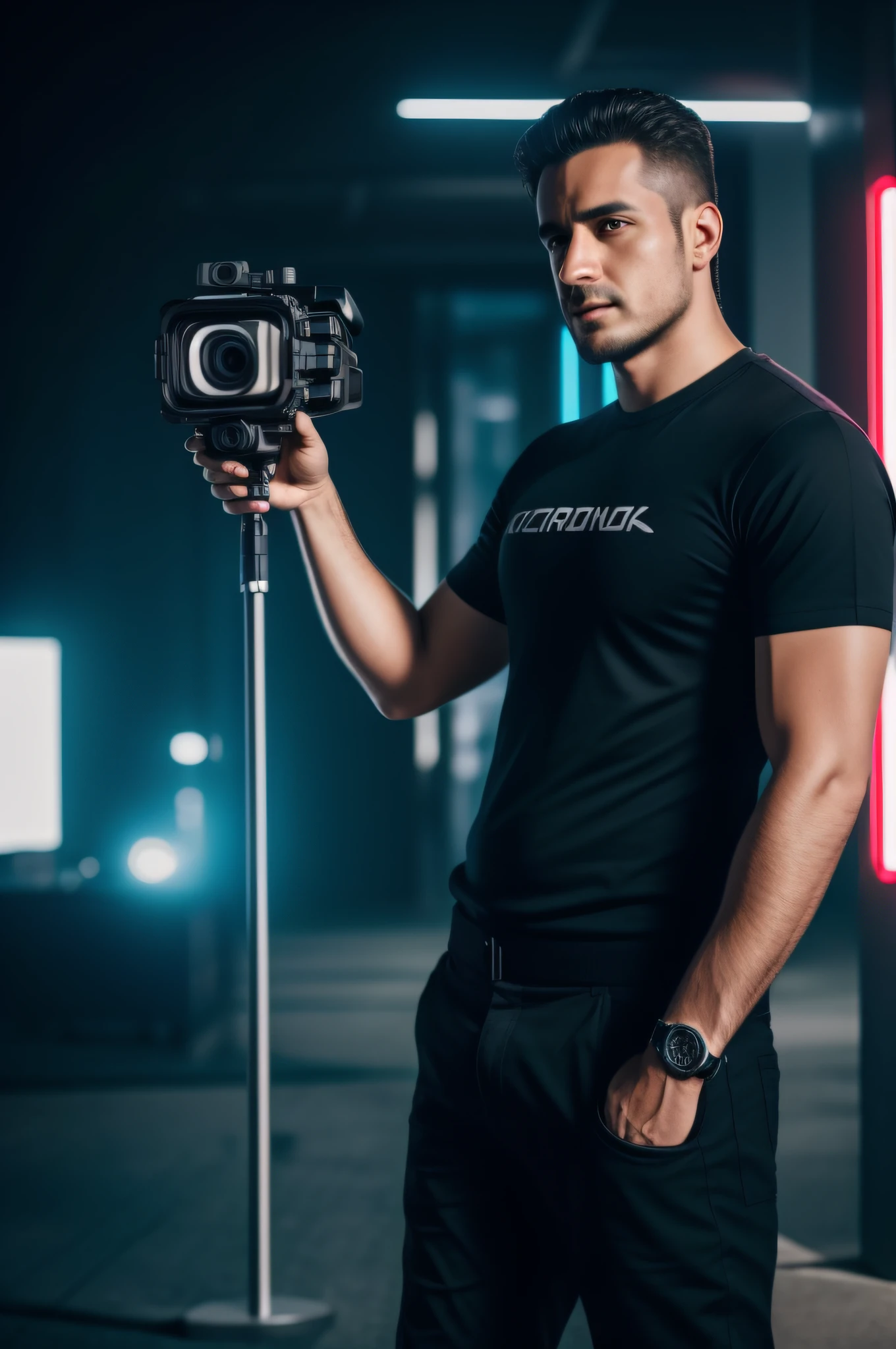 Man holding a video camcorder, cyberpunk, full body profile camera shot, Fotografia selfie 8k UHD, Camcorder in one hand, fotografia tirada em 2 0 2 0, High resolution self-portrait, full body in camera, handheld, segurando filmadora dji, com fones de ouvido, franco-atirador! homem de 30 anos, holding science fiction camcorder