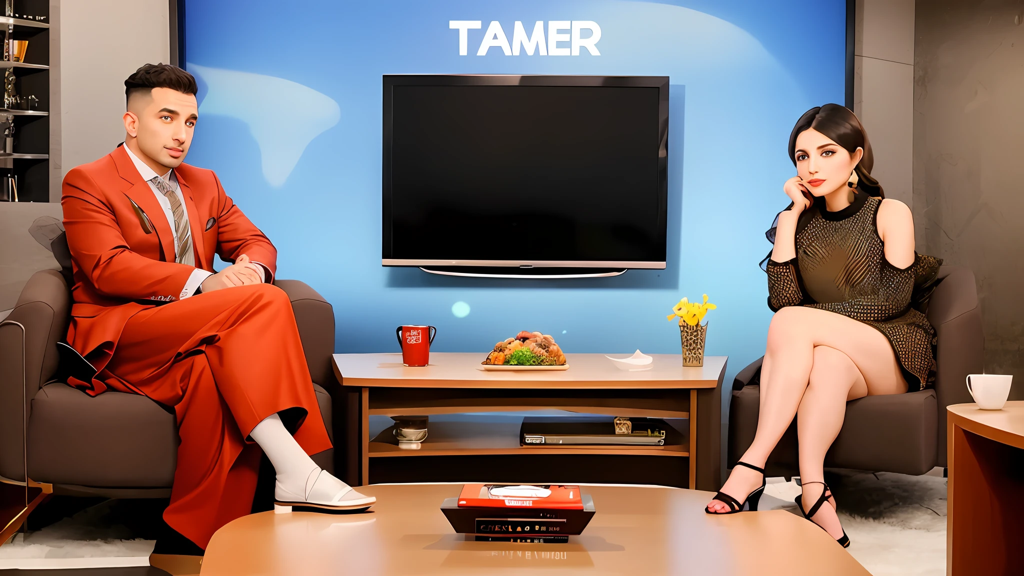 there are two men sitting in chairs in a room with, maher morcos, tv program, television show, gameshow, vip room, sitting down, captura, talk show, amazing background, sitting in a lounge, tv studio, tv show, african ameera al taweel, cool looking, smooth in _ the background, television screenshot