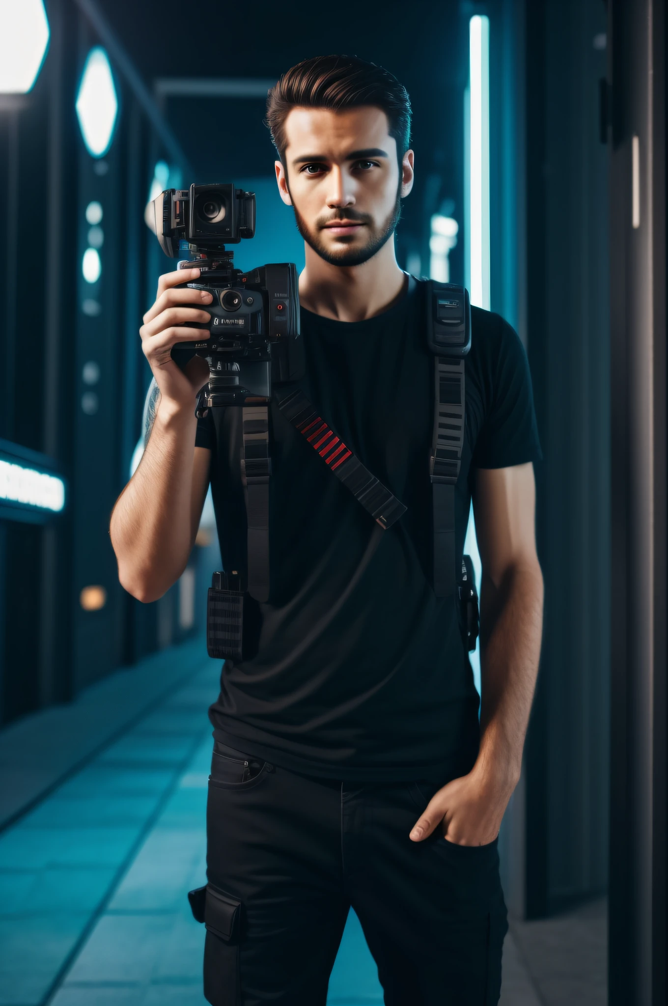 Man holding a video camcorder, cyberpunk, full body profile camera shot, Fotografia selfie 8k UHD, Camcorder in one hand, fotografia tirada em 2 0 2 0, High resolution self-portrait, full body in camera, handheld, segurando filmadora dji, com fones de ouvido, franco-atirador! homem de 30 anos, holding science fiction camcorder