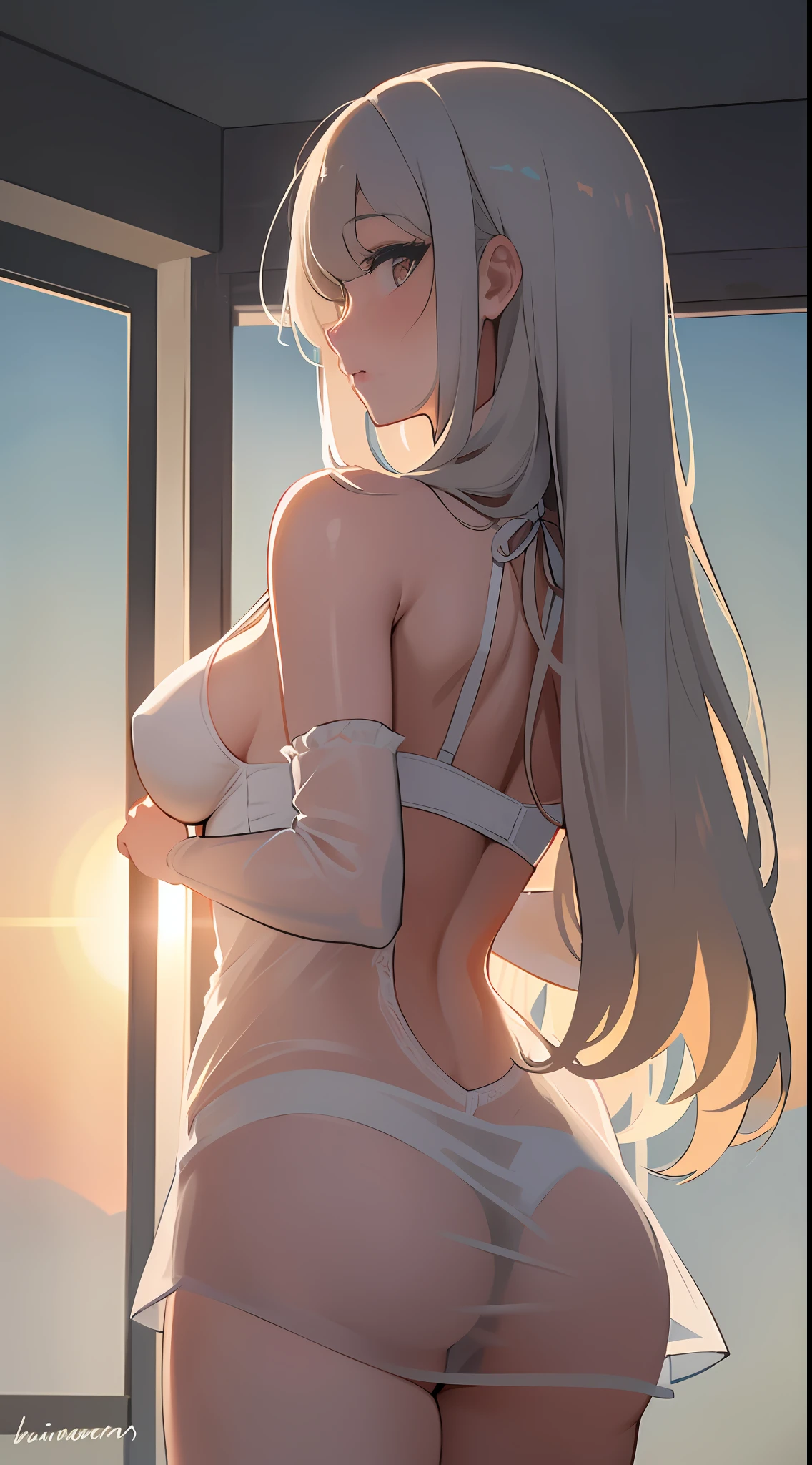 1girll,NSFW,white swimwear,比基尼,Bare belly,Long messy hair,short transparent dress,see-through sleeves,A lot of smoke,Exquisite,Elegant colors,high detal,tmasterpiece,ultra - detailed,dynamic angle,Mural background,astounding,cinmatic lighting,illustratio,lightand shade contrast,The light from the back window is backlighted,God Ray,Best quality at best,Best quality at best