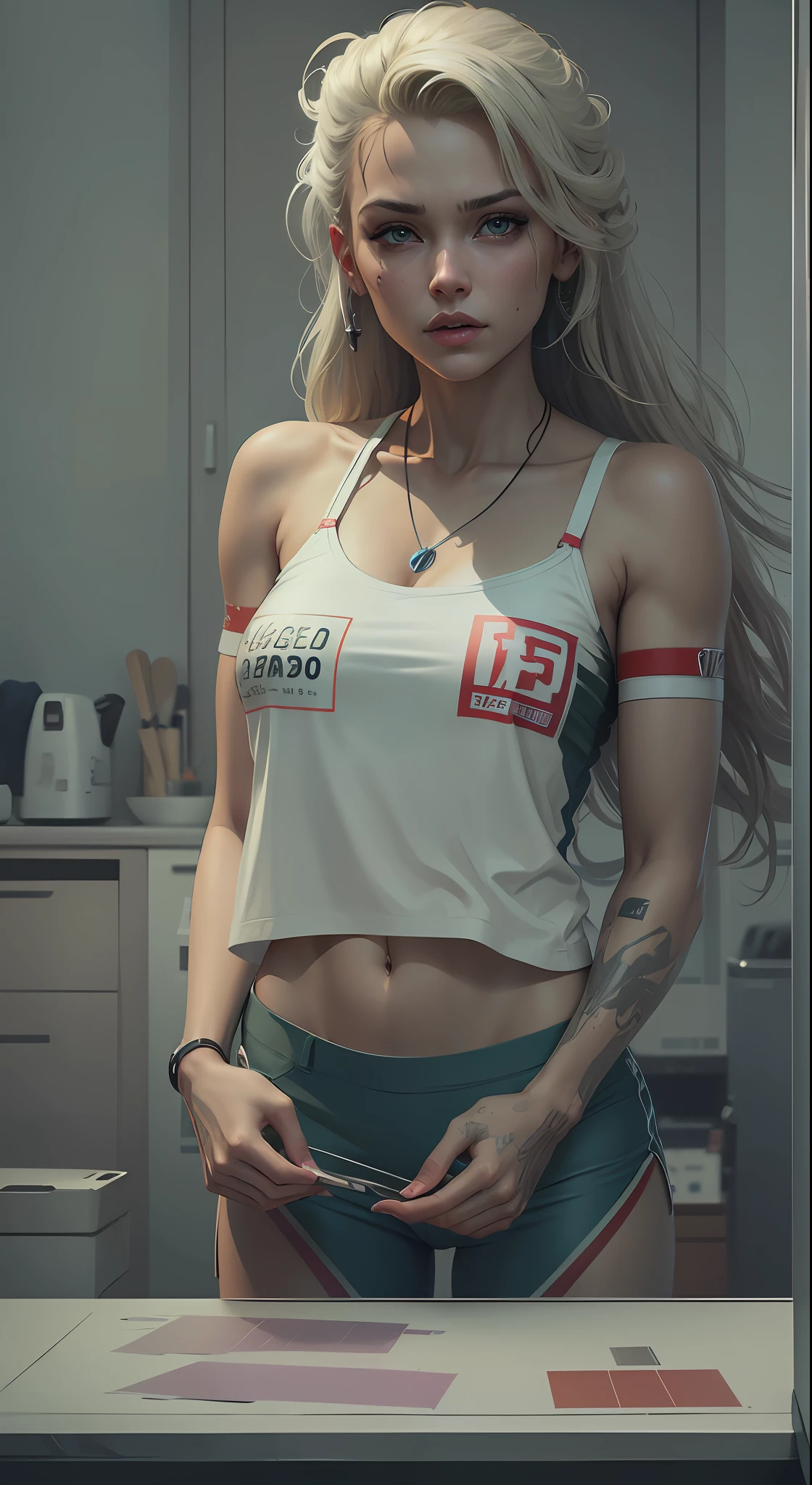 blond woman with tattoos and a white top posing in a kitchen, cyberpunk 2 0 y. o model girl, deviantart artstation cgscosiety, photorealistic anime girl render, ultra realistic concept art, ultra realistic picture, cgsociety inspired, amazing photorealistic graphics, [ 4 k photorealism ]!!!, super detailed render, daily render