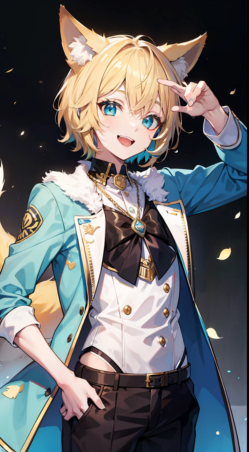 Young guy, short blonde hair, Fox ears, Cyan eyes, pop-idol, ssmile, Masterpiece, hiquality