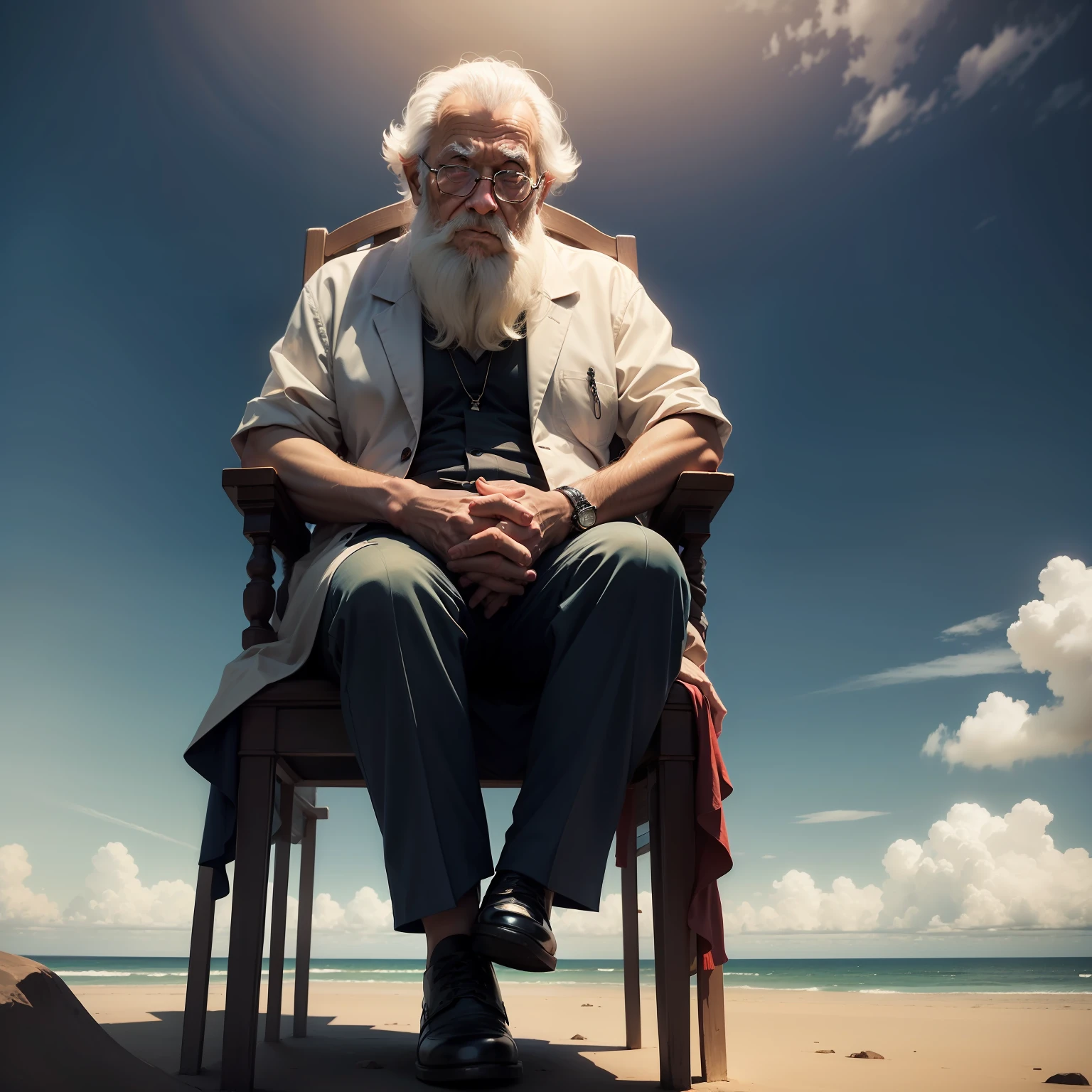 Um homem velho,sitting facing an immensity and alone.