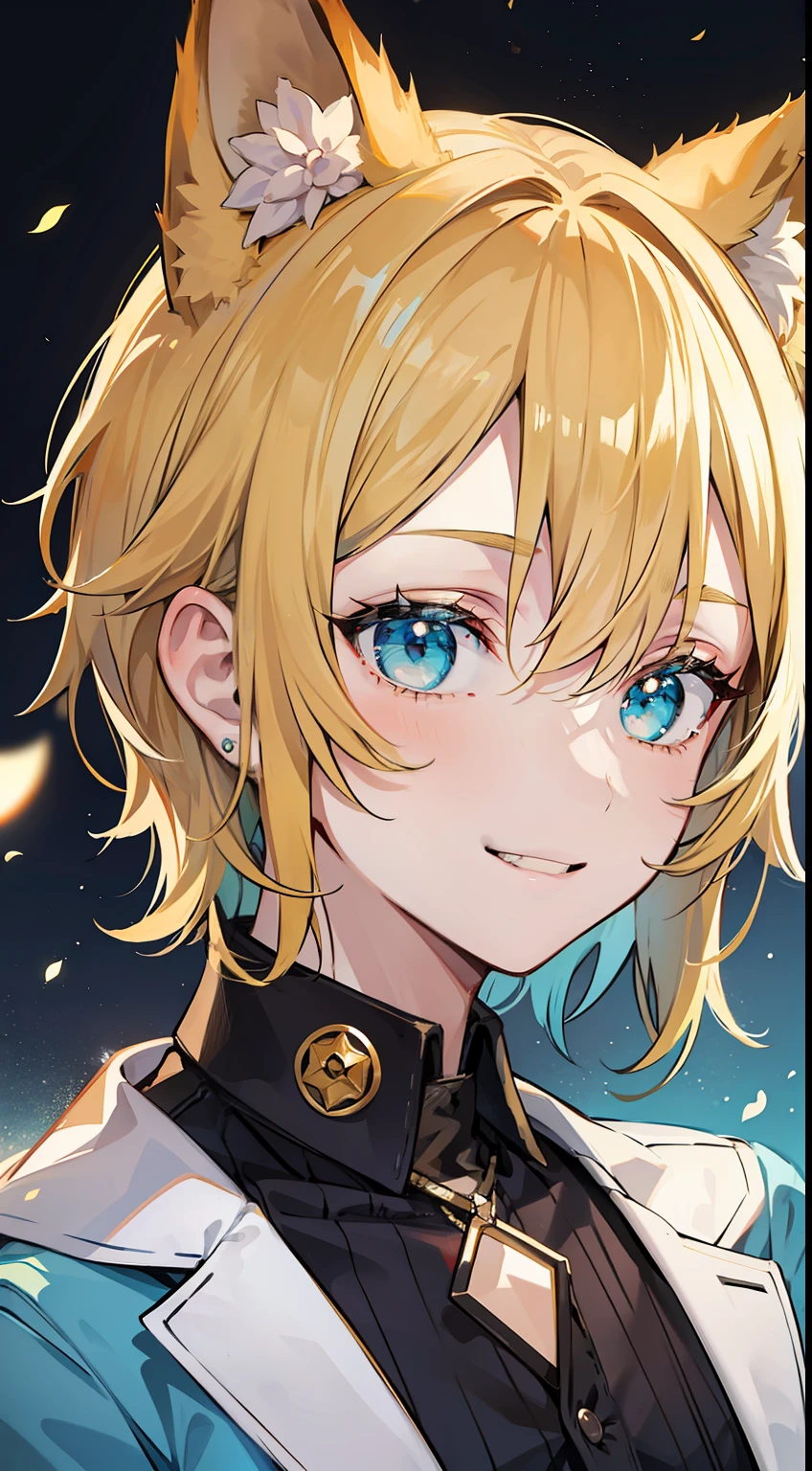 Young guy, short blonde hair, Fox ears, Cyan eyes, pop-idol, ssmile, Masterpiece, hiquality