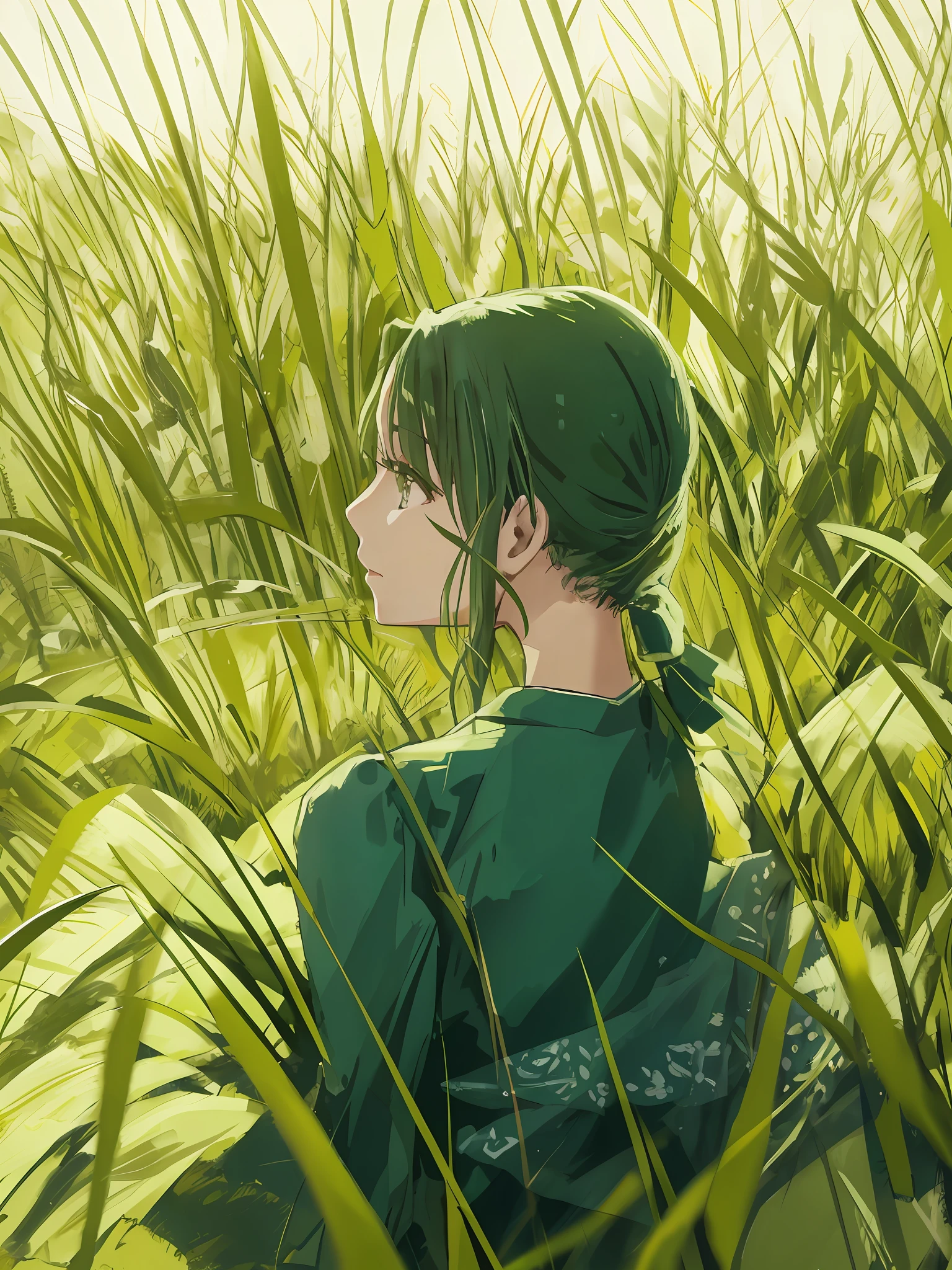 Araki woman in green dress standing in tall grass, in a open green field, on a grassy field, on a grassy field, standing in tall grass, in a large grassy green field, Shoot from behind the blades of grass, in the high grass, in a field, standing in grassy field, long thick grass, standing in grassy field