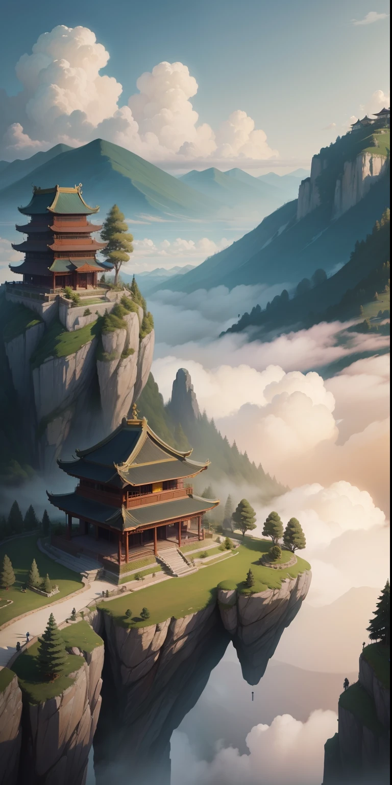 song dynasty，mont，scenecy，Skysky，The tree，pines，​​clouds，Song painting，landscape painting，Ancient figures，Classical figures，Traditional chinese painting，People under trees，waterfallr，pavilion，人物，zhang daqian，A majestic，glorious，There is momentum，filigree，Beautiful artistic conception，vessels，house，Cloud fog，Sea of Clouds，high high quality，Ancient figures，The characters are on the bridge，Far Mountain，surrounded by cloud，villages，Ancient villages，Point view characters，Boat，