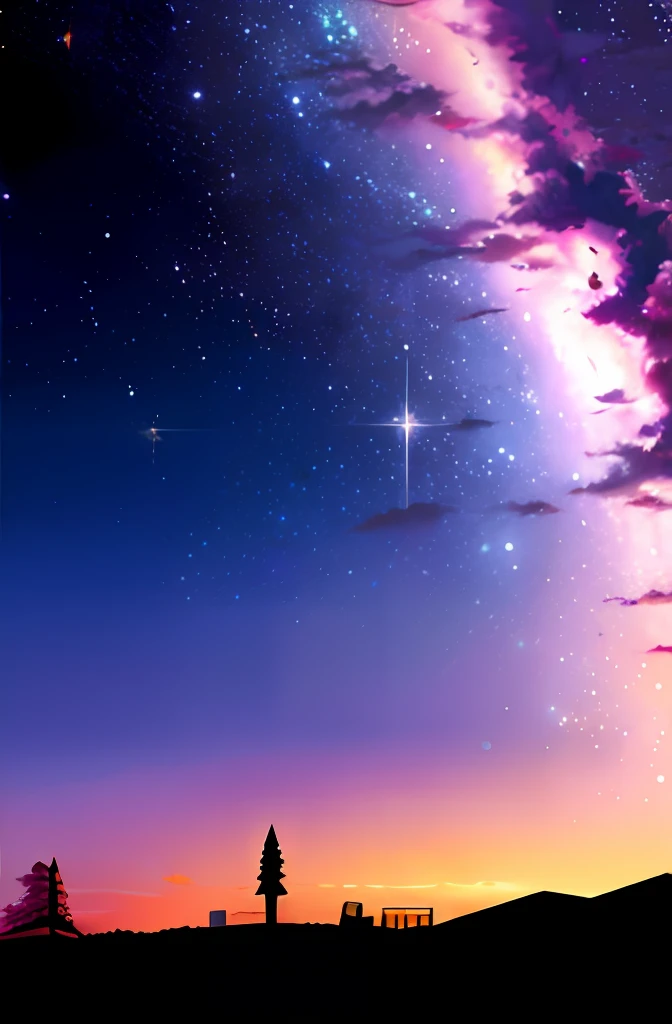 octans, Skysky, stele(Skysky), landscapes, starrysky, natta, nigh sky, 独奏, plein air, built, clouds, milkyway, , The tree, 城市, silhuette, Cityscape,realisitic,shooting stars