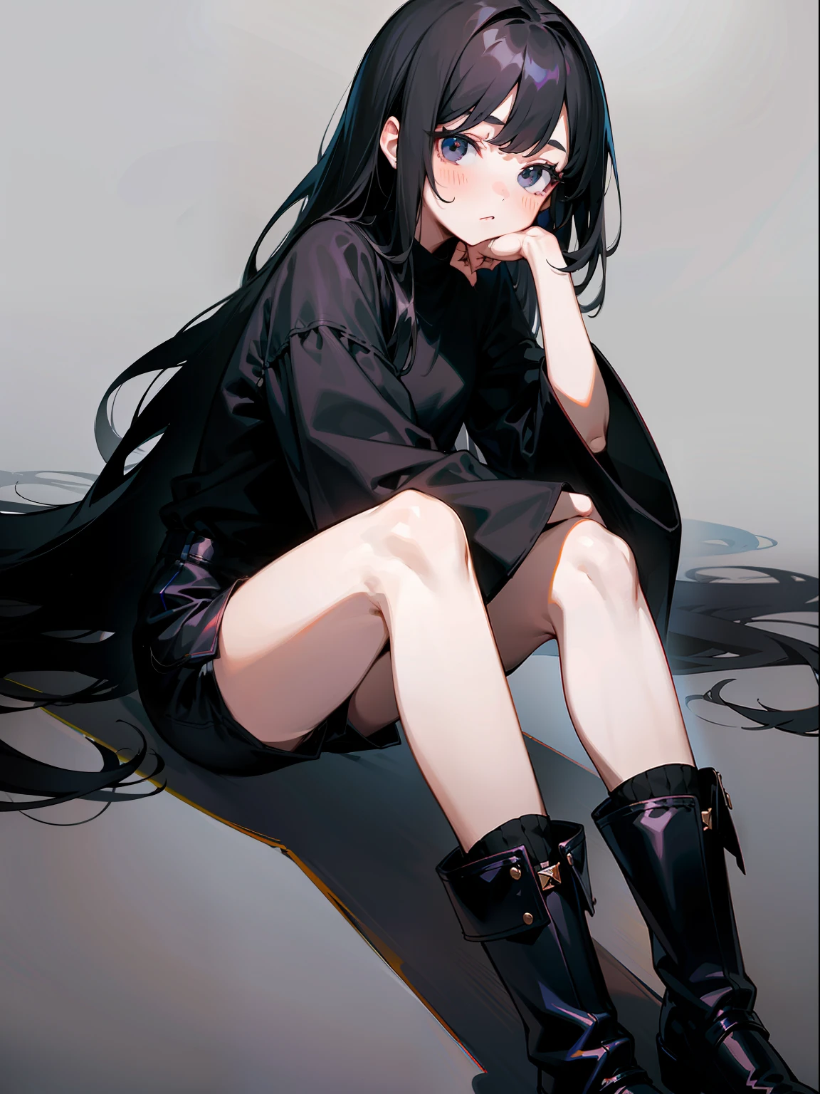 tmasterpiece,A high resolution,one-girl,dimly lit,black long hair,Manteau,black shirt,Black eyes,Look ahead,Empty eyes,Sluggish,sat on the ground,simplebackground,Wide sleeves,The hand is in the sleeve,hidden hands,shorts,leg ring,Black boots