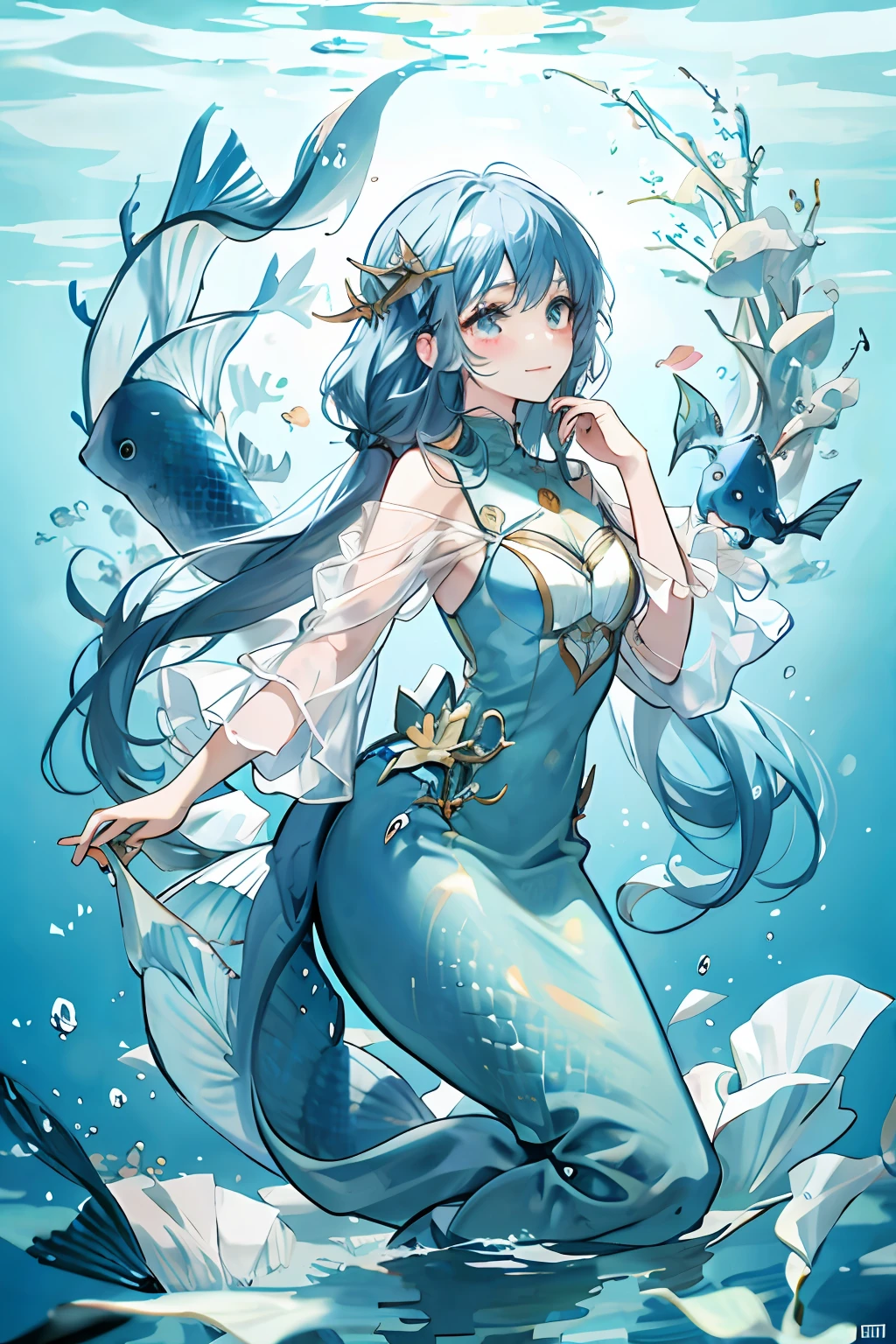 Nasida，Blue fish tail，Deep in the sea，ssmile，There is a blush on the face，the original god，quadratic element，mermaids，People have fish tails