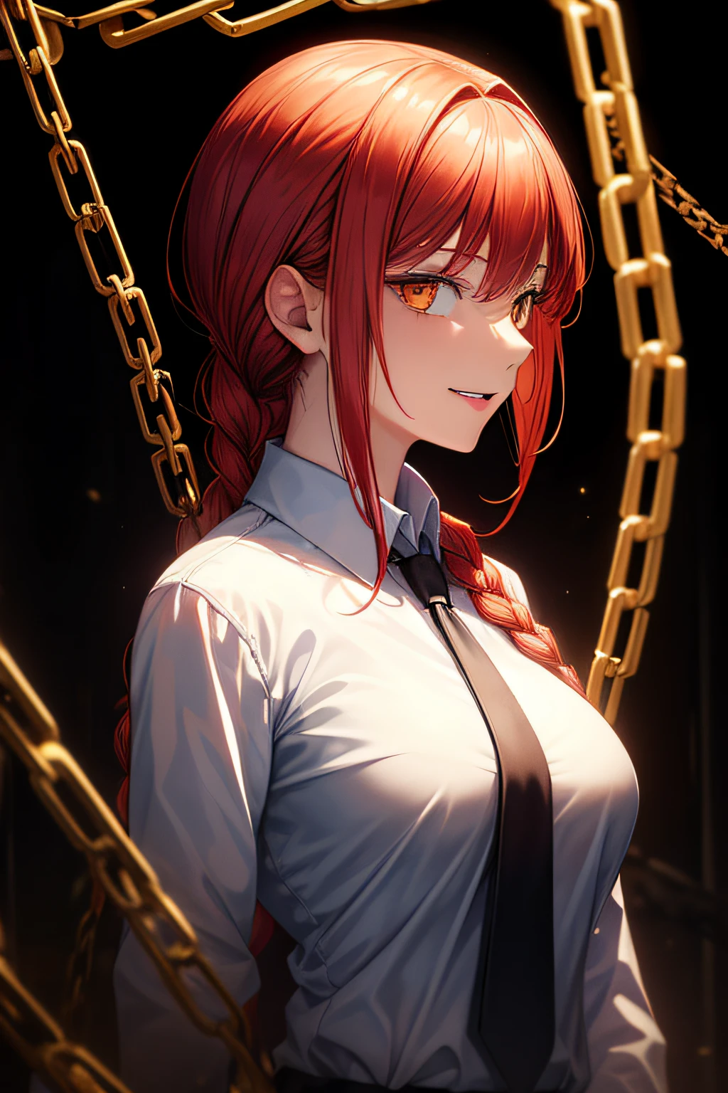 (masterpiece, best quality:1.2), makima, side view, ultra detailed, 1girl, solo, standing, red hair, long braided hair, golden eyes, bangs, medium breasts, white shirt, necktie, stare, smile, (evil:1.2), looking at viewer, (interview:1.3), (dark background, chains:1.3), blur background,
