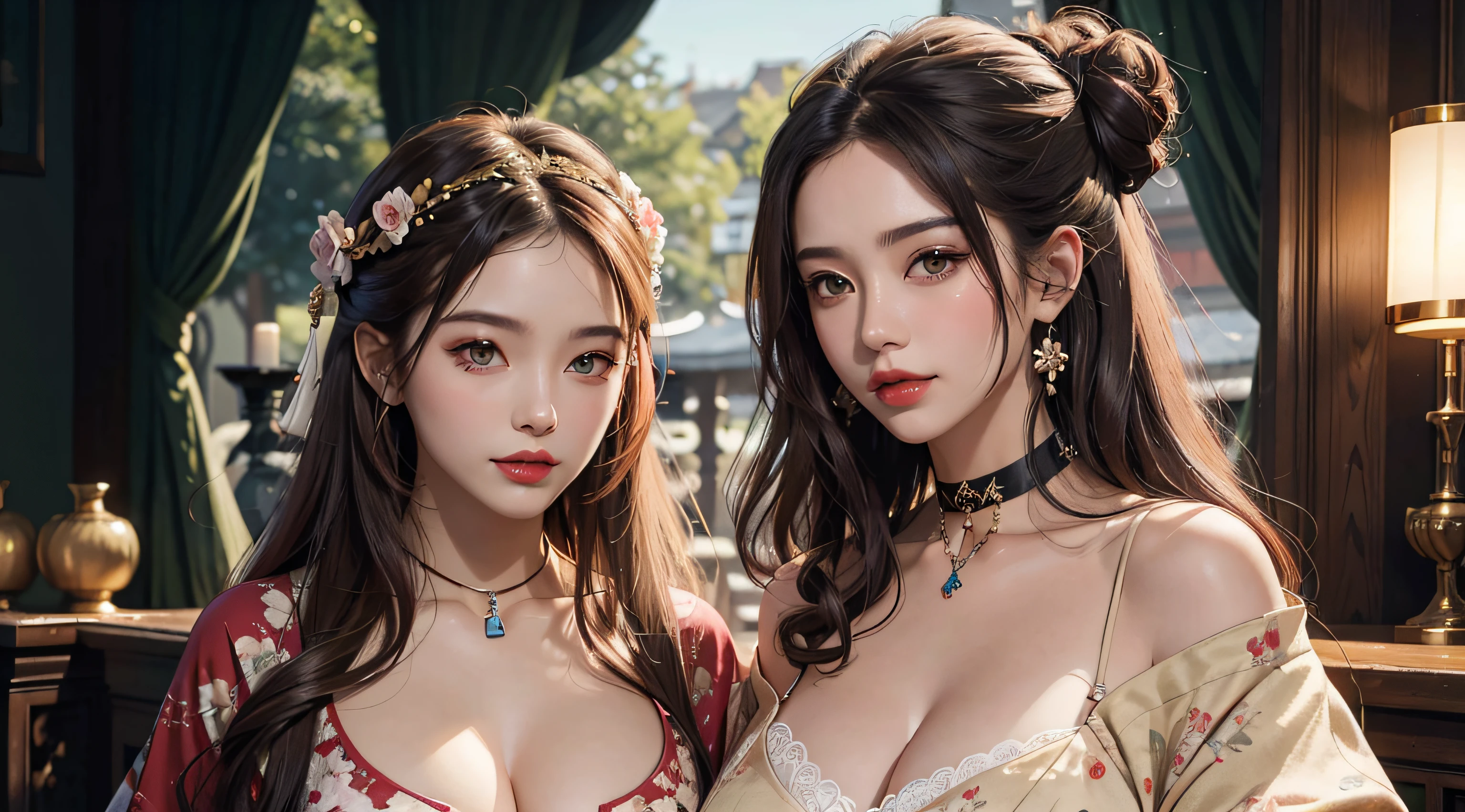 2females,Huge breasts,brunette color hair,ssmile,(Hanfu),Hanfu,(Open your clothes),Redlip,耳Nipple Ring,florals,hair adornments,jewelry,long whitr hair,Look at the audience,choker necklace,Portrait,ssmile,独奏,A half body,(Shiny skin), (tmasterpiece:1.4),(best qualtiy:1.4)