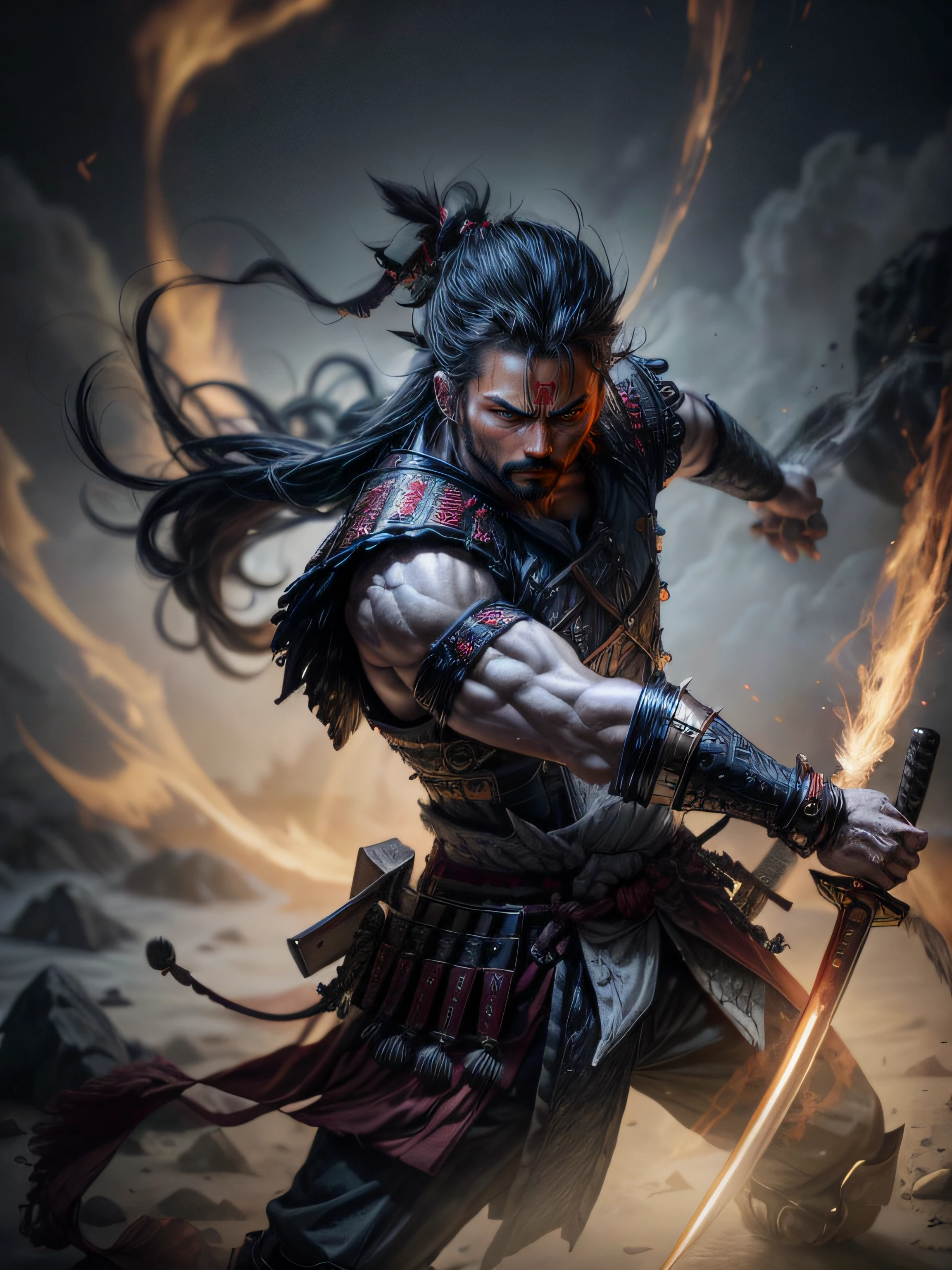 Photography of a mythical samurai, his powers manifesting in the form of ethereal flames that dance around him. The samurai's stance exudes confidence and determination, his body emanating a fiery aura that illuminates the surroundings. His katana is engulfed in flames, its blade glowing with intense heat. Shot from a high angle, this image captures the samurai's dynamic posture and the intensity of his powers, creating a sense of awe and reverence.