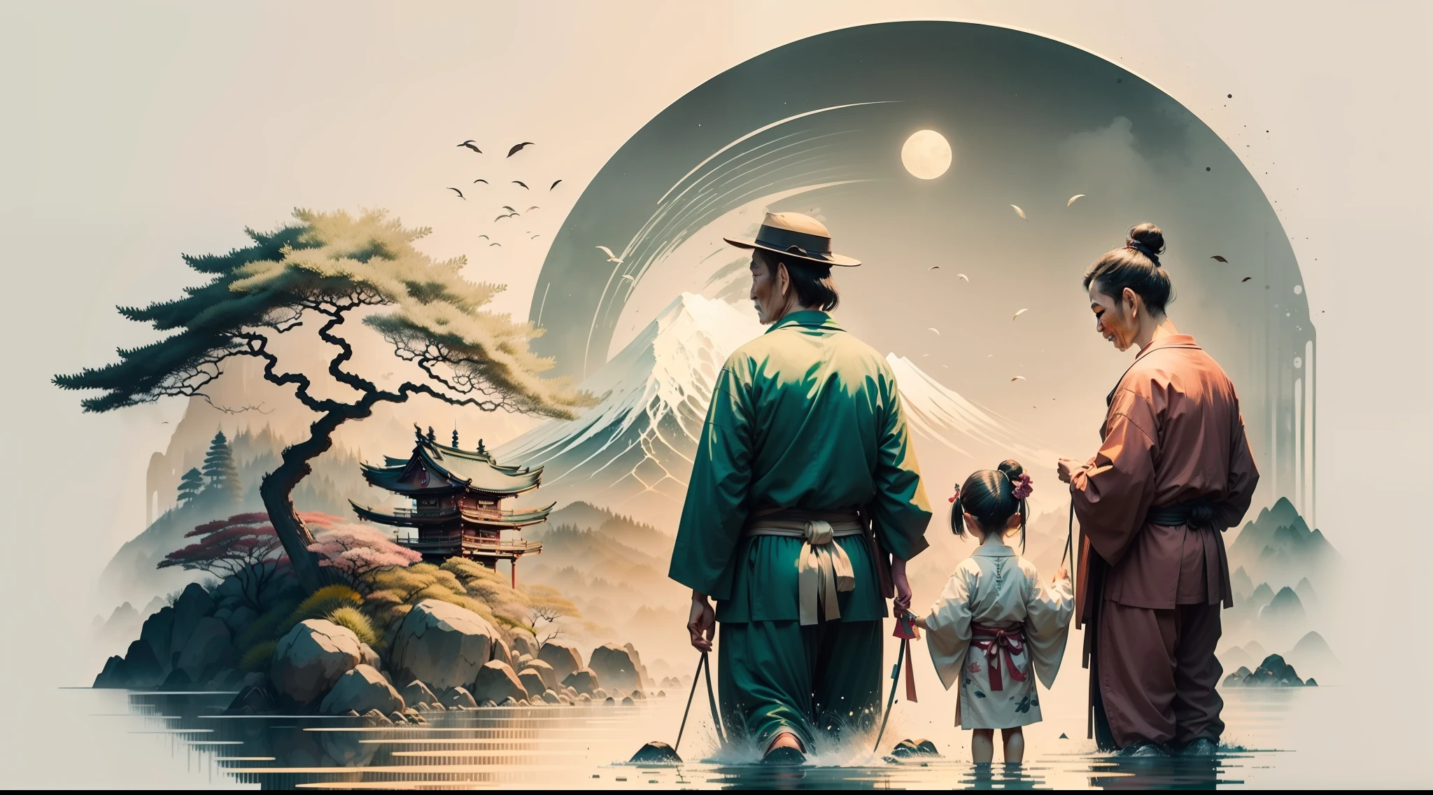 A foto de perfil deve ser uma pintura a tinta chinesa, 50 YEARS OLD JAPANESE MAN, wearing antique japanese kimono, olhar feliz, sorridente, playing with 2 Japanese children, vestindo quimonos de 5 anos, in an ancient park of Japan,   The illustration should reflect the style of traditional Chinese ink paintings.