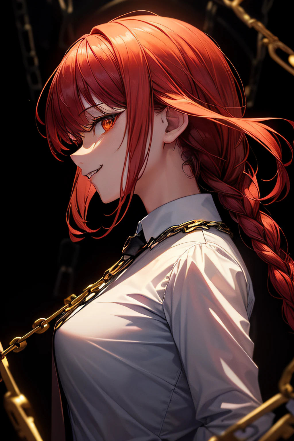 (masterpiece, best quality:1.2), makima, side view, ultra detailed, 1girl, solo, standing, red hair, long braided hair, golden eyes, bangs, medium breasts, white shirt, necktie, stare, smile, (evil:1.2), looking at viewer, (interview:1.3), (dark background, chains:1.3), blur background,