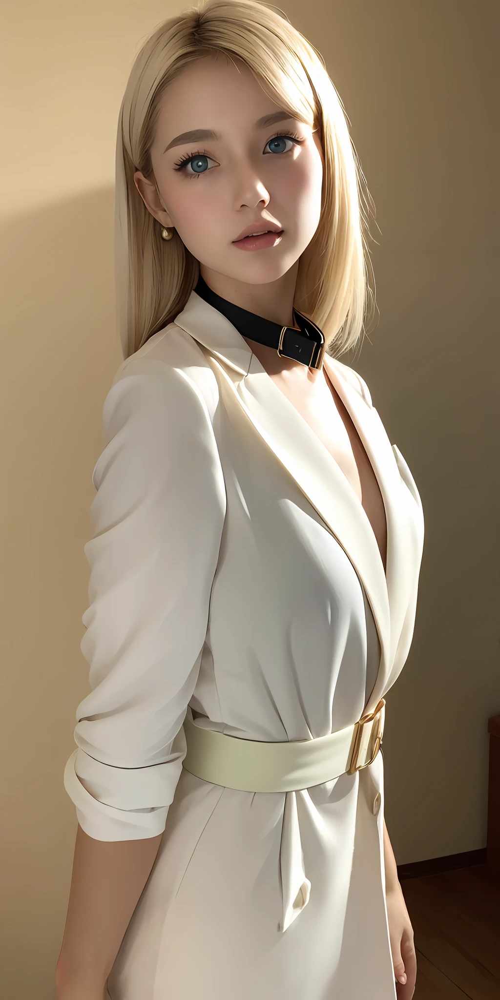 1woman, Solo, Portrait of British golden girl in tunic white blazer dress, Gold belt，Tight microdress white, Delicate makeup， Details, Realistic, Photography, The background is blurred out, soft focus，（Medium shot:1.4）brown background，voluptuous figure， {{18to 22 years old German girl}}, look beautiful German girl and blue eyes or green eyes with platinum blonde hair color