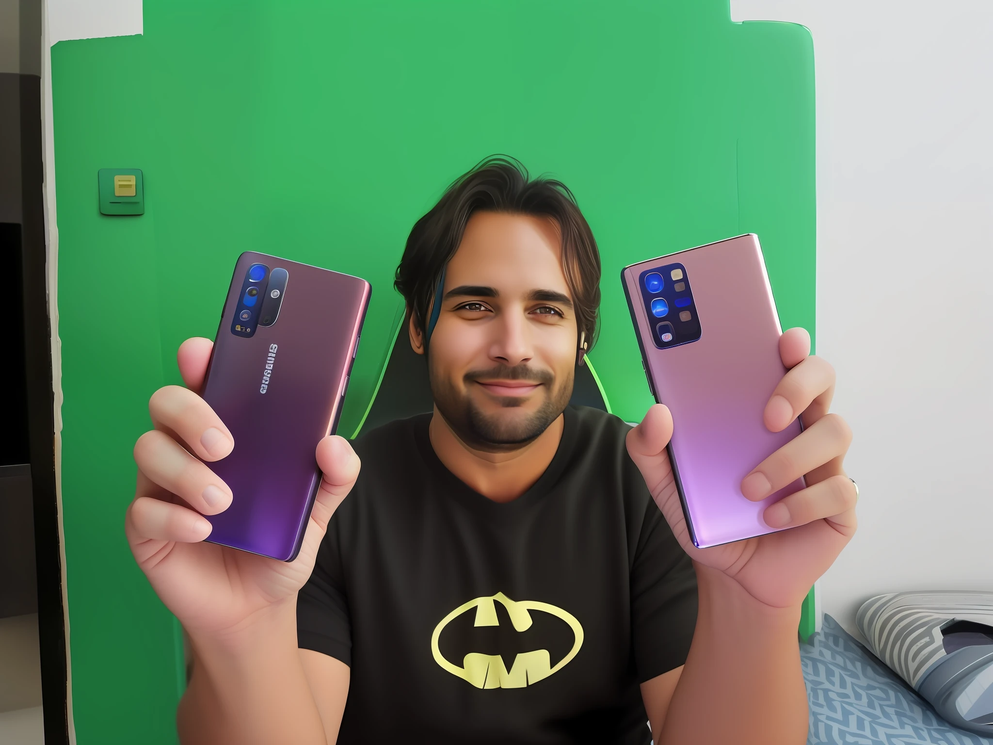 homem bonito segurando 2 smartphones samsung