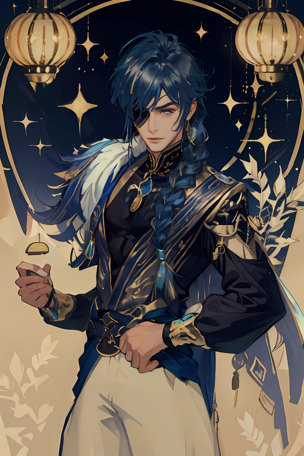 kaeya, 1male, solo man, handsome young man, blue hair, braid, eyepatch, black and blue clothes, peacock accessories, golden jewelry, upper body, cinematic lighting, stained glass lamps, (((flipping a gold coin with his hand)))