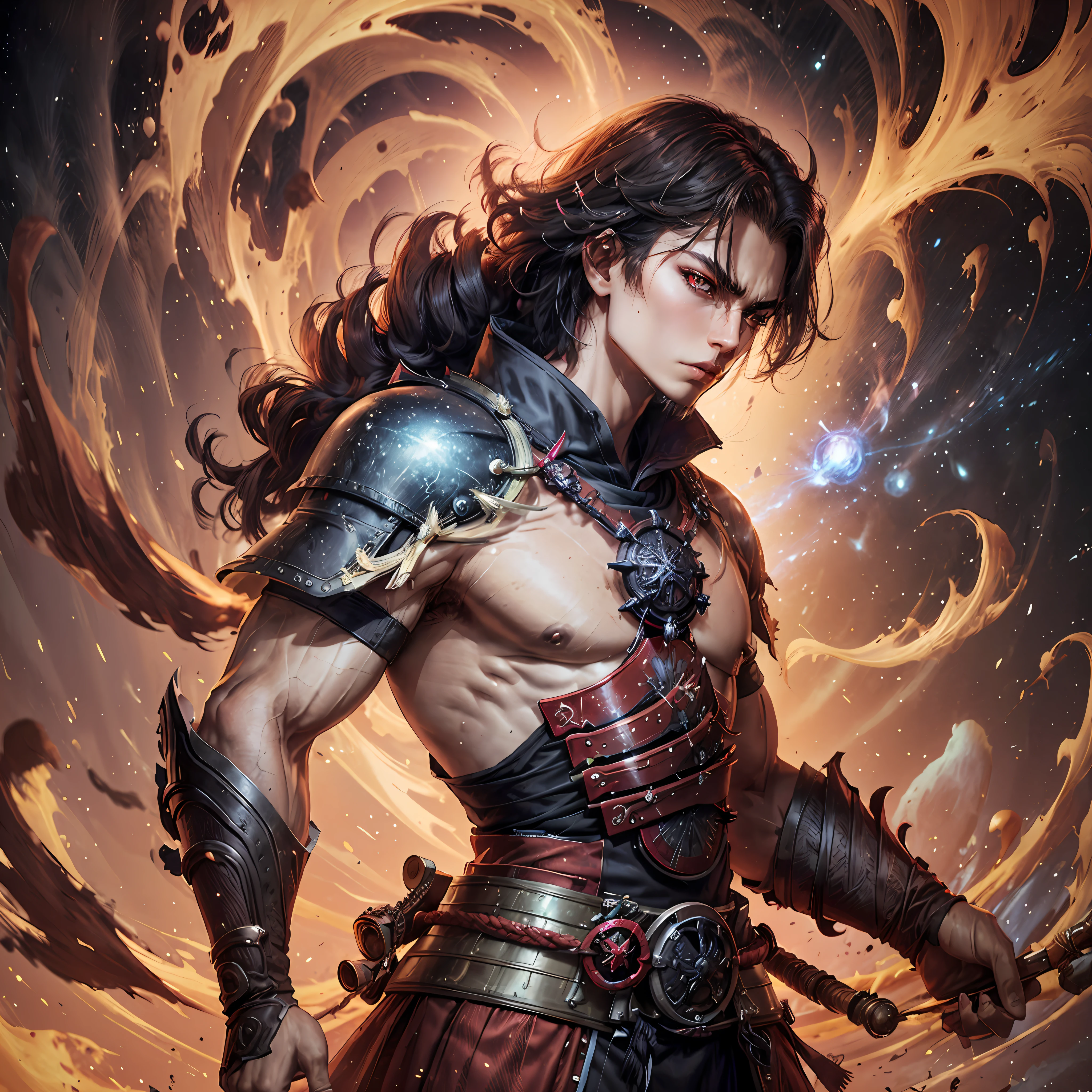 a badass face with sleek angry eyes one eye lookin toward viewer, perfect jawline , a warrior face