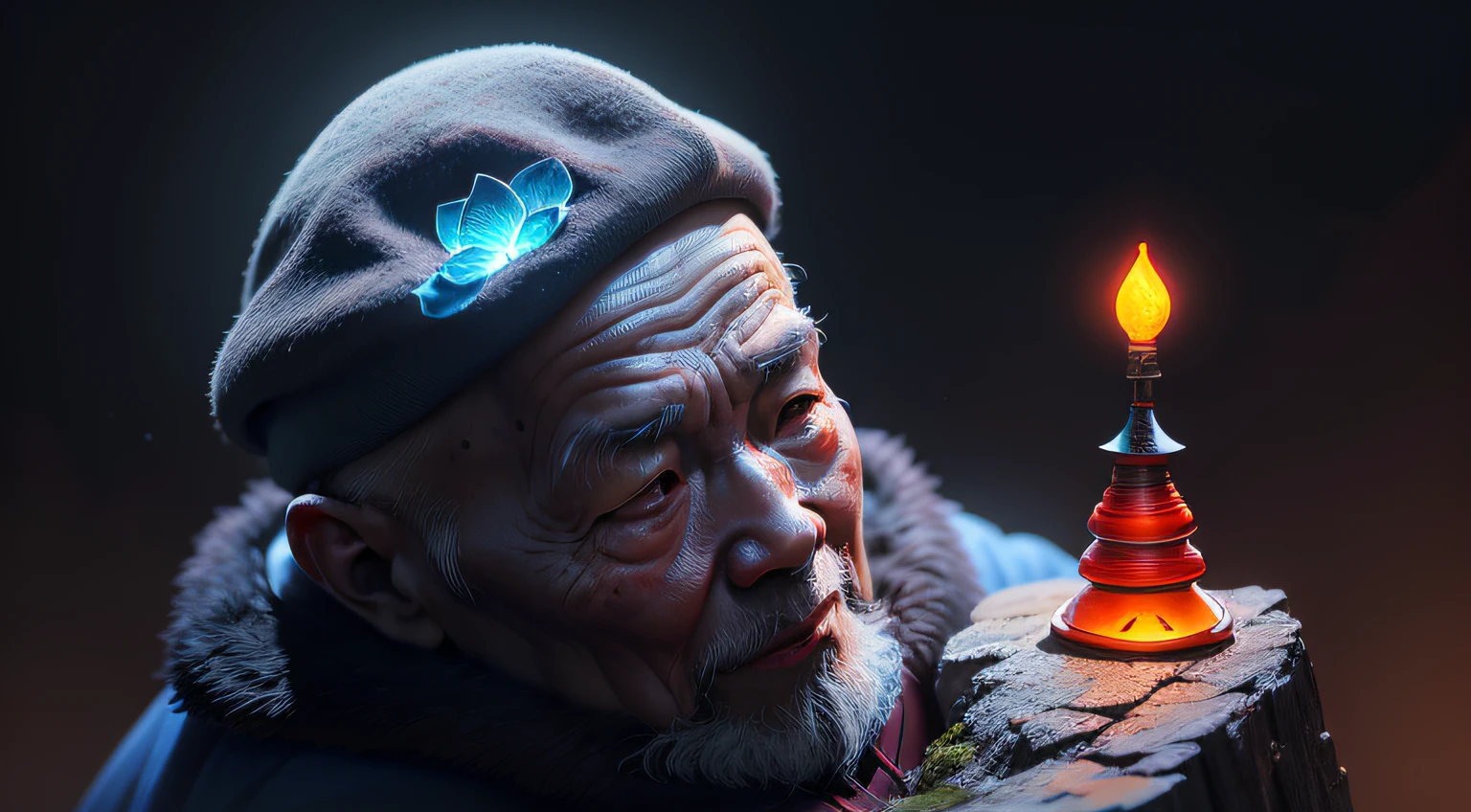 A wise old Chinese monk in the top of mountain, (extremamente colorido:1.3), (Realistic), (bio-luminescence:1.3), altamente detalhado, hyper realistic, Perfect artwork, master part, melhor qualidade, Altas, layered lighting,