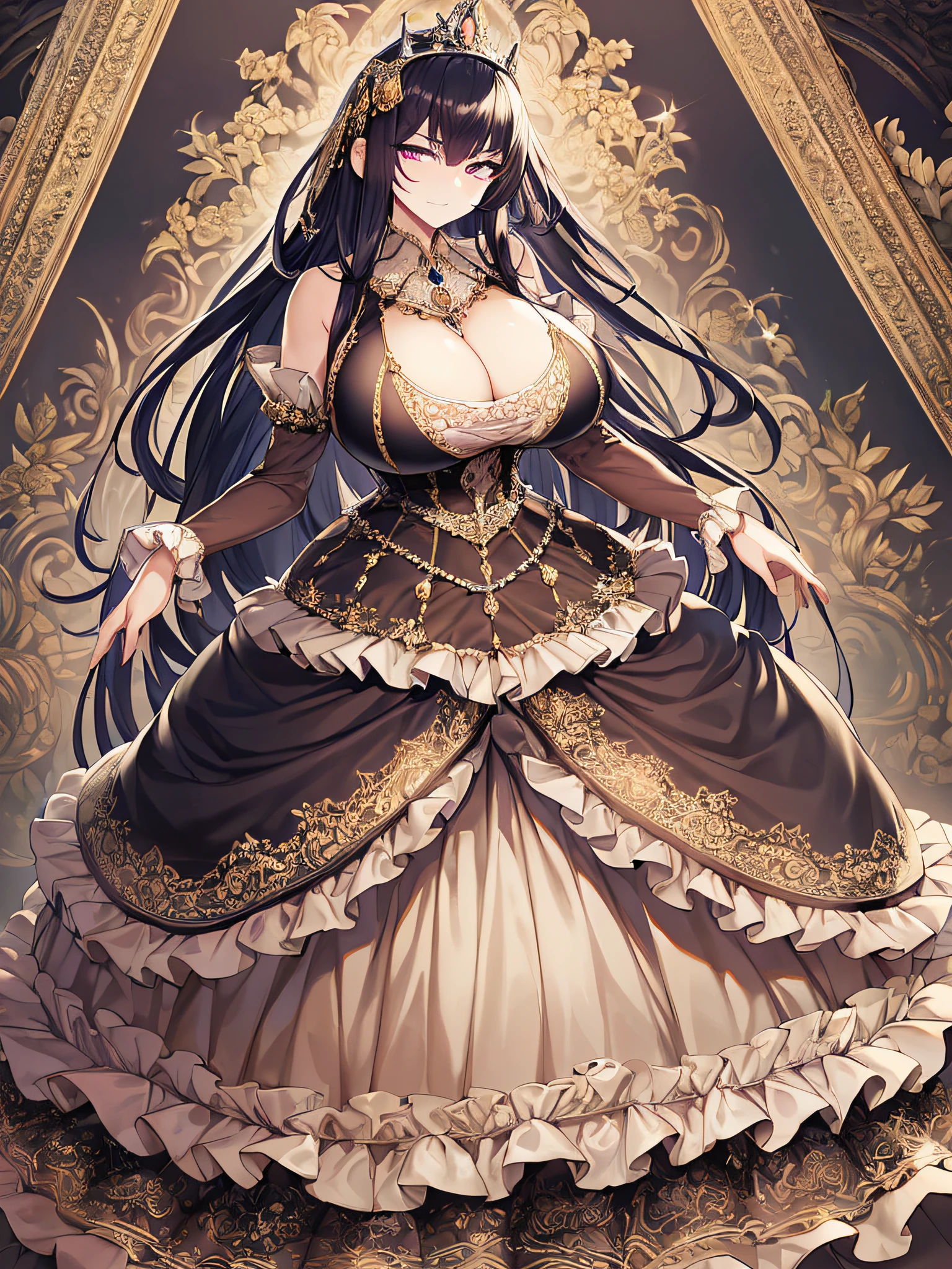 ((anime artstyle)),(Masterpiece),(Best Quality), (Super Detail),((Very Delicate and Beautiful)),((Solo)),((full body)),(((1 arrogant princess in gorgeousfull random color rococo dress))),(Purple eyes),Sharp eyes,detailed face and eyes,jewel-like eyes,(arrogant),((((smug face)))),dominant pose,((voluminous Very Long Hair,Straight Hair)),black hair,((Bangs between eyes)),((gigantic tits,Long tits)),curvy,skindentation,(gorgeousfull embroidery and lace),gorgeous corsage,See-through,gorgeousfull hair ornament,gorgeousfull glitter jeweled tiara,ornate ruffles,((full body)),((hoop skirt,crinoline)),Dynamic Angle,Looking at viewer,(((gorgeousfull random color rococo dress)),full body