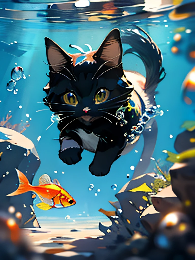 cutekittens,MG mao,Exquisite visuals,high-definition,masterpieces,no humans,onebluefish,animal focus,whiskers,animal,bubble,water,goldfish,yellow eyes,air bubble,underwater,HD,Tindal,