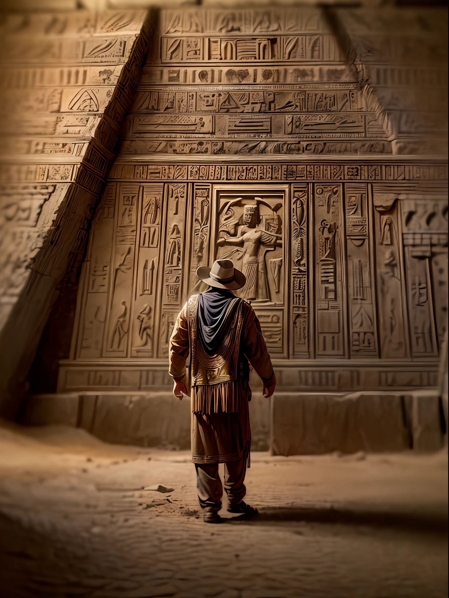 (masterpiece, high resolution:1.4), (photo of a 19th-century British explorer inside a pyramid:1.2), (Sony Alpha 1 camera, renowned for capturing exceptional detail in low-light conditions:1.2), (paired with the Sony FE 24-70mm f/2.8 GM lens for a sharp and atmospheric shot:1.2), (the explorer standing in a dimly lit chamber of the pyramid:1.1), (the only source of light coming from the torch he holds in his hand:1.3), (Sony Alpha 1 camera capturing the subtle play of light and shadows in the ancient chamber:1.2), (the explorer's attire reflecting the fashion of the 19th century:1.1), (his adventurous spirit evident in his confident posture:1.1), (the pyramid's ancient stone walls adorned with mysterious hieroglyphs:1.1), (the torchlight revealing the intricate carvings and symbols on the wide wall:1.1), (the hieroglyphs telling tales of a distant civilization:1.1), (faint traces of color still visible on some of the ancient symbols:1.1), (a sense of awe and wonder emanating from the explorer as he deciphers the ancient script:1.1), (the pyramid's chamber filled with an air of ancient mystery and history:1.1), (an image that transports viewers back to the exploration and discovery of ancient civilizations:1.1), (the high-resolution photo ensuring every detail, from the explorer's expression to the hieroglyphs' intricate engravings, is preserved:1.1), (an image that evokes the spirit of adventure and curiosity of a 19th-century explorer immersed in the wonders of an ancient pyramid:1.1), Cinematic, Hyper-detailed, insane details, Beautifully color graded, Unreal Engine, DOF, Super-Resolution, Megapixel, Cinematic Lightning, Anti-Aliasing, FKAA, TXAA, RTX, SSAO, Post Processing, Post Production, Tone Mapping, CGI, VFX, SFX, Insanely detailed and intricate, Hyper maximalist, Hyper realistic, Volumetric, Photorealistic, ultra photoreal, ultra-detailed, intricate details, Super detailed, Full color, Volumetric lightning, HDR, Realistic, Unreal Engine, 16K, Sharp focus