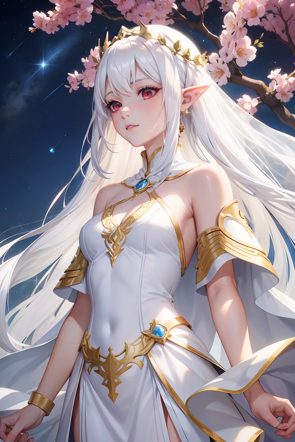 Wearing a long white gold dress，Beautiful and elegant elf commander，White hair and red eyes，The background is a tree trunk，The sky is the stars，The chest is moderate