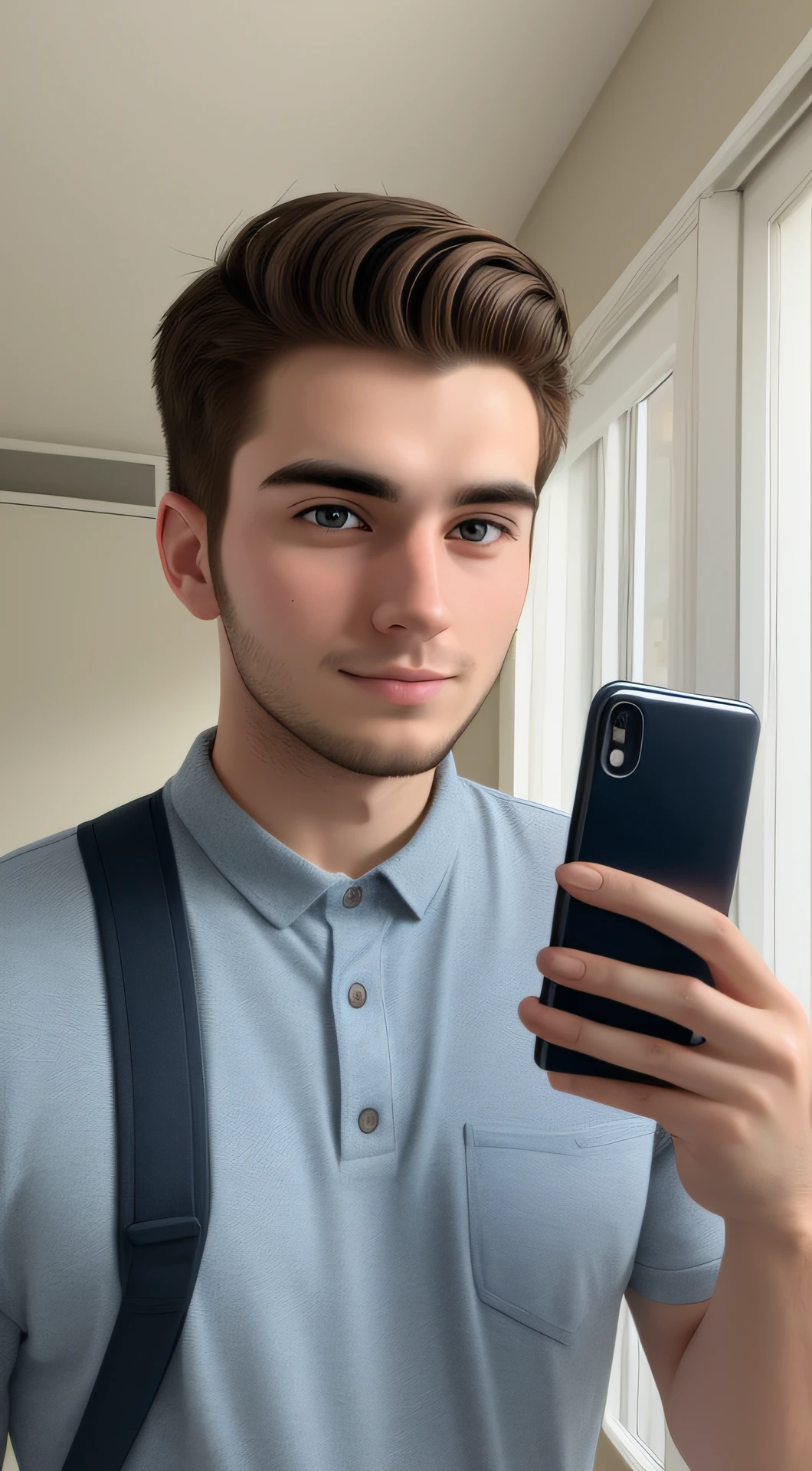 25-year-old man looking at the camera showing his phone