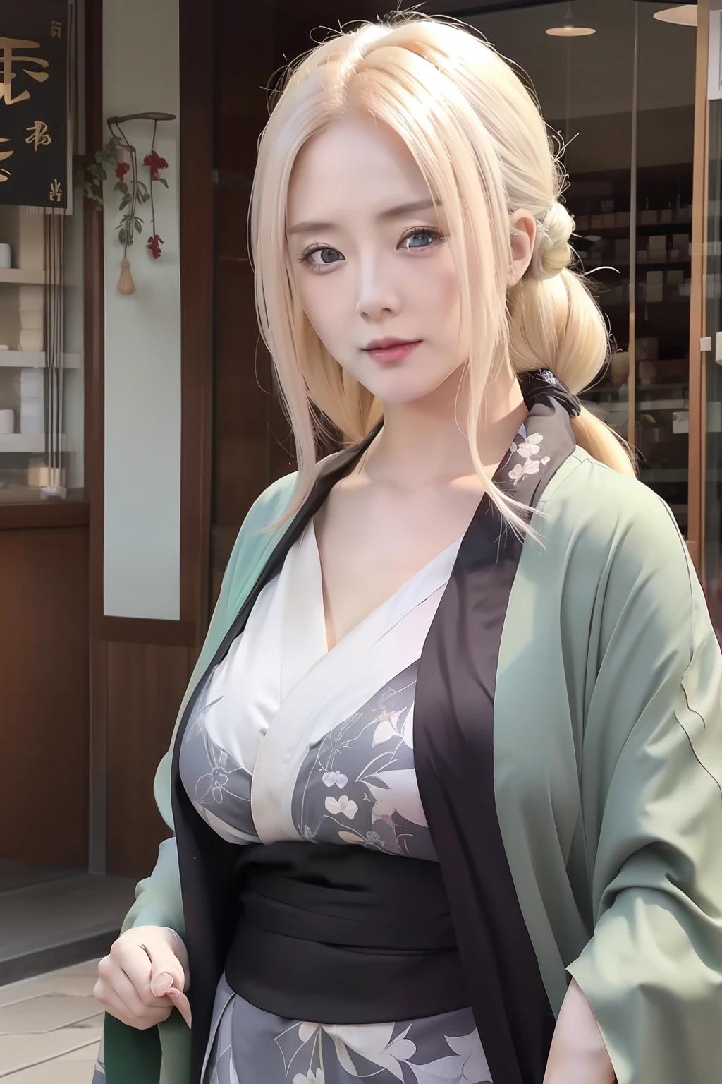 Tsunade... A woman was standing in front of the store. Wearing a kimono. She had cream-colored hair. And her skin was white. Her lips are teasing red. Her breasts copied to look so big and round. She's really pretty and realistic