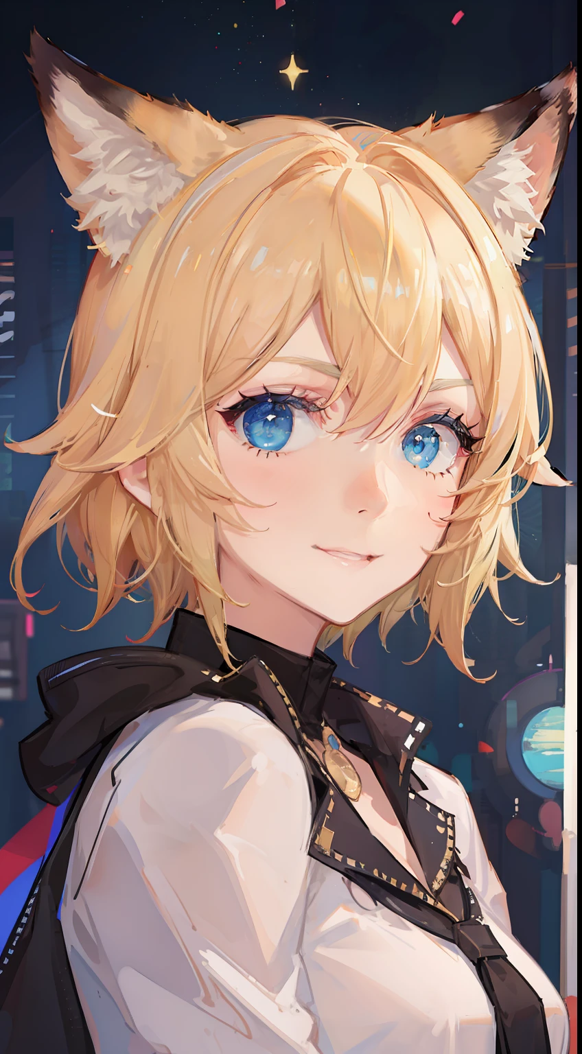 Young guy, short blonde hair, Fox ears, Cyan eyes, pop-idol, ssmile, Masterpiece, hiquality