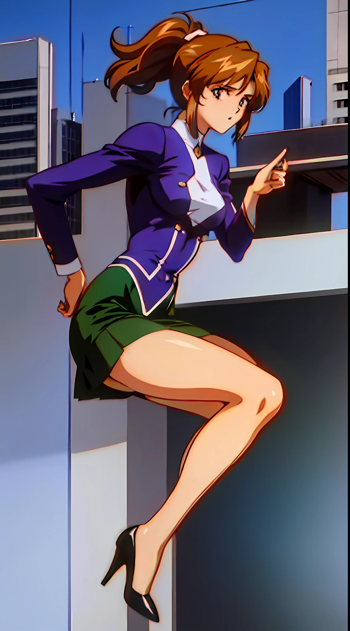 1girl, masterpiece, best quality, extremely detailed 8K wallpaper, skin tight, ultra detailed, volumetric lighting, best anatomy, detailed eyes, beautiful eyes, best shadow, retro artstyle, 1990s (style), anime screencap, screencap, town in the background, brunette girl, brown hair, long hair, curly hair, hazel eyes, skirt suit, high heels, solo, ponytail, closeup