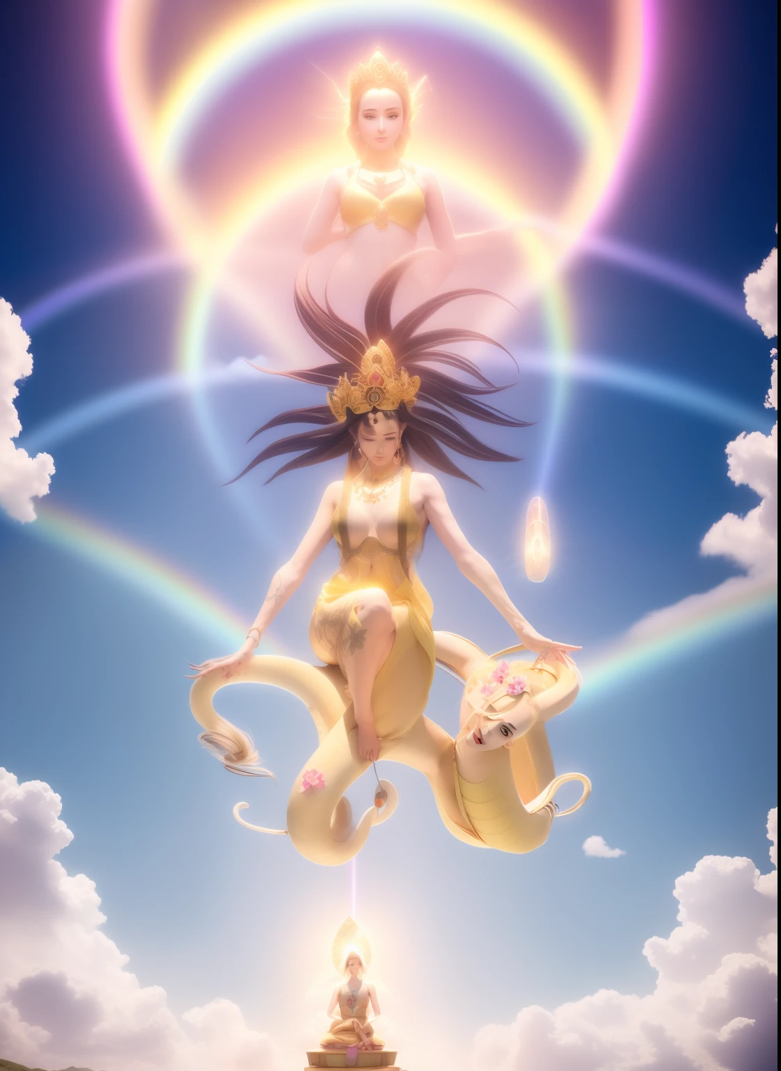 There was a woman kneeling upside down with her hair on two large snakes，choker necklace，Delicate，crown，hairpin，bangle，ankle bracelets，Soft and light clothing，Flowing cloud，Cloud，fresh flowers，（nice hand），（Good feet），（good legs），realisticlying，white skinned，（（Correct body structure）），decorated in white，baiyun，Blue sky，Head background with round light，Behind him is a rainbow circle，Front lighting，Positive light，No shadows on the face，There are no shadows on the body，Clouds and lightning，Unreal space，ethereal world，dreamworld，tmasterpiece，4K，ultra-definition，professional photoshooting，