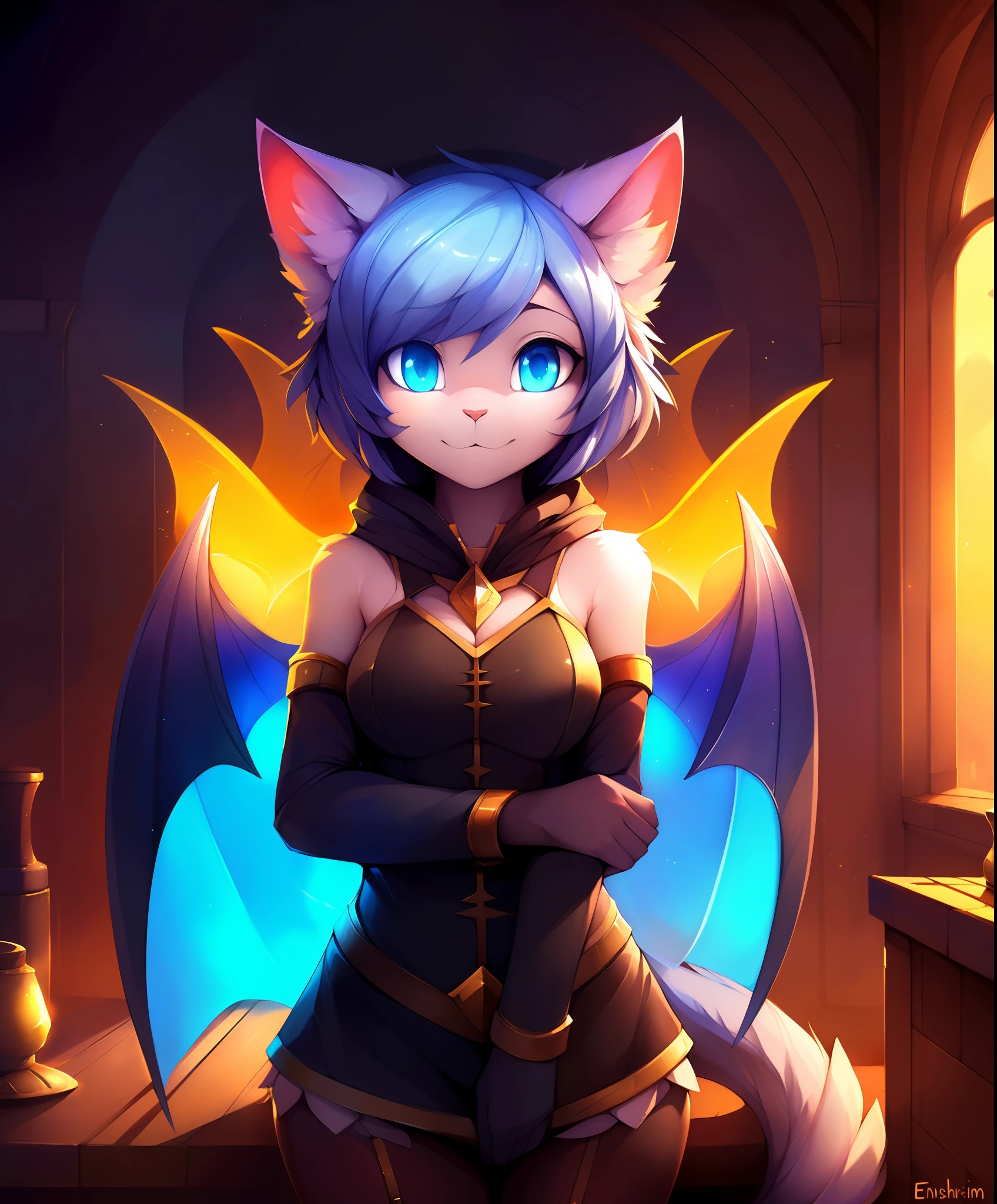 absurderes, hight resolution, ((masutepiece)), animesque、((Best Quality)), (Ultra-detailed), ((Extremely detailed)), (Beautiful), ((Kawaii Girl)), 独奏,(14years:1.6)、Beautiful face, full body Esbian、White skin、(Glowing blue eyes:1.3)、shiny long pale blue hair、The upper part of the body、Gentle face、Fantasy World、Exotic lands、Chengsei Metropolis、Wizard's Clothing、(There are glowing wings:1.7)、(Cat's ears), (by einshelm|by tom_fischbach)],
