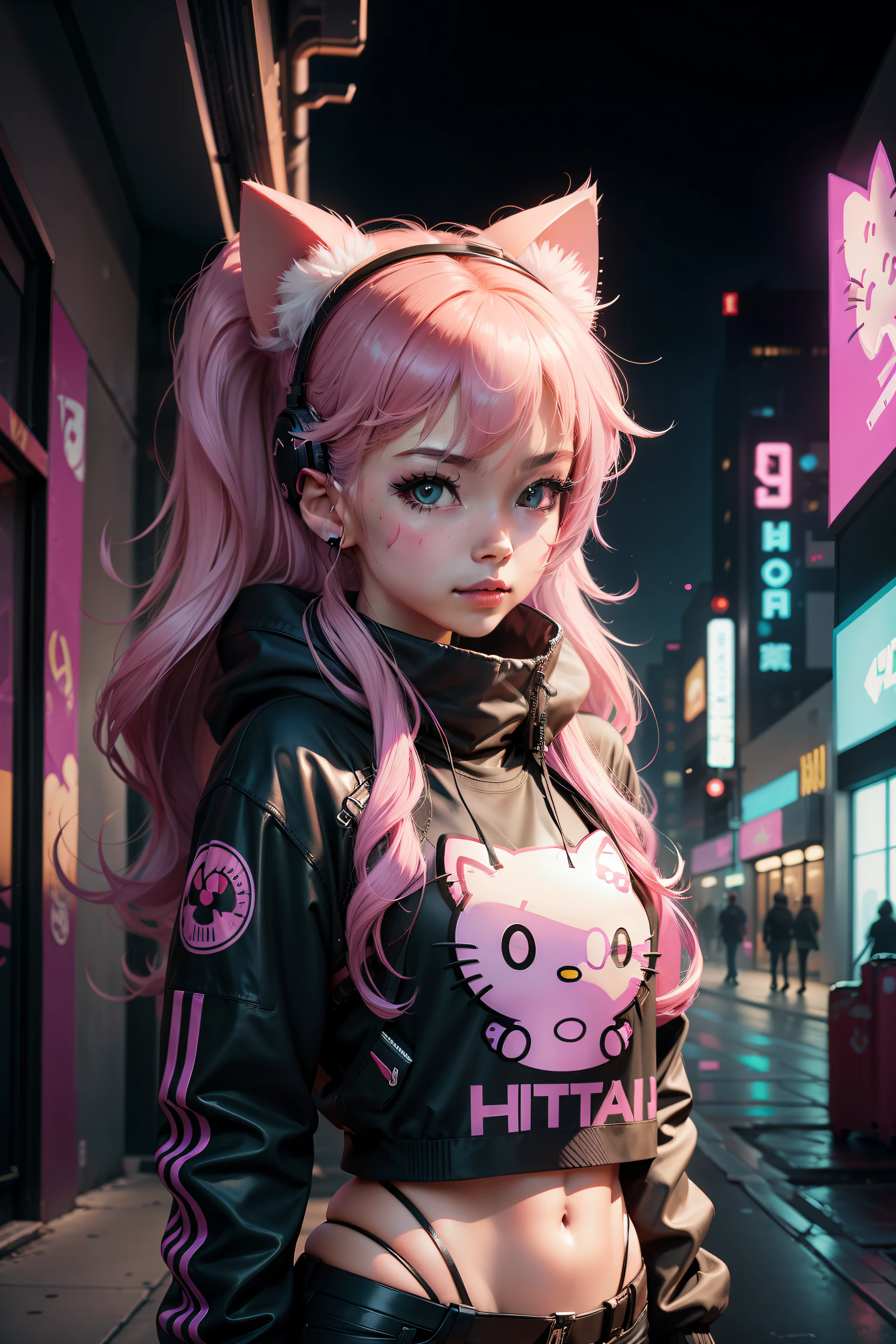 A hello Kitty，cyber punk style，The background is a graffiti wall