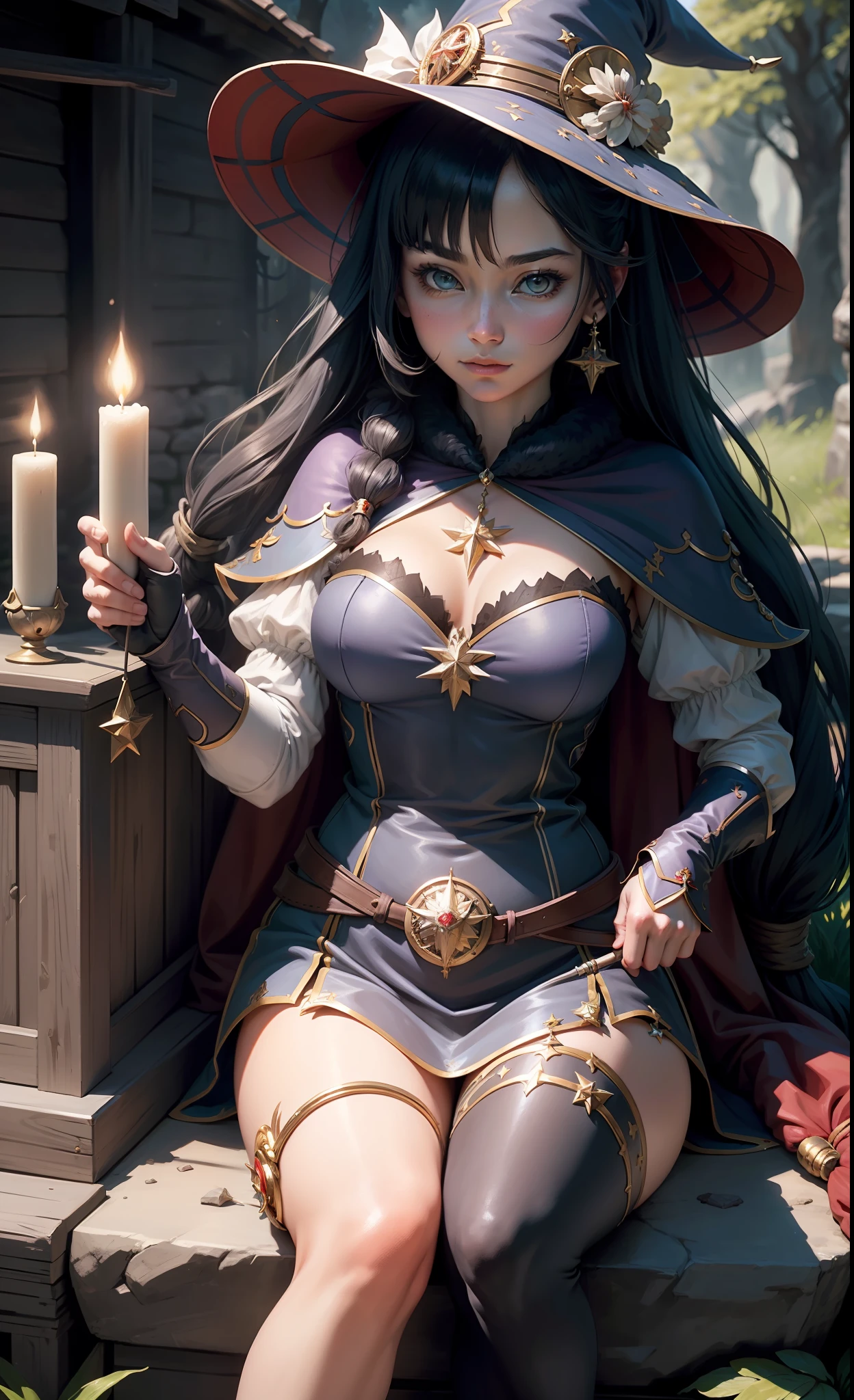 tmasterpiece，best qualtiy，ultra - detailed，illustratio，one-girl，独奏，fanciful，flight，broom，nigh sky，exteriors，magia，incantation，themoon，As estrelas，​​clouds，ventania，the hair，cloaks，Hats，boots，broom，with light glowing，mystical，attractive cleavage，Whimsical，Fun，Adventurous，free，Miraculous，Imaginative，Determined，Skillful，Speedy，kinetic，Energetic，Realist，Naturalistic，figurative，Figurative，The beautiful，Fantasy culture，mito，Fairytale，Folklore，legends，sorceress woman，the witcher、Magical creatures、fantasy world、composition、Character background proportions(1 to 3.3)、foreground、中景 the scene is、Background with、ssee-through、llight rays、colours、textured、the detail、Beauty Feeling、miracle。