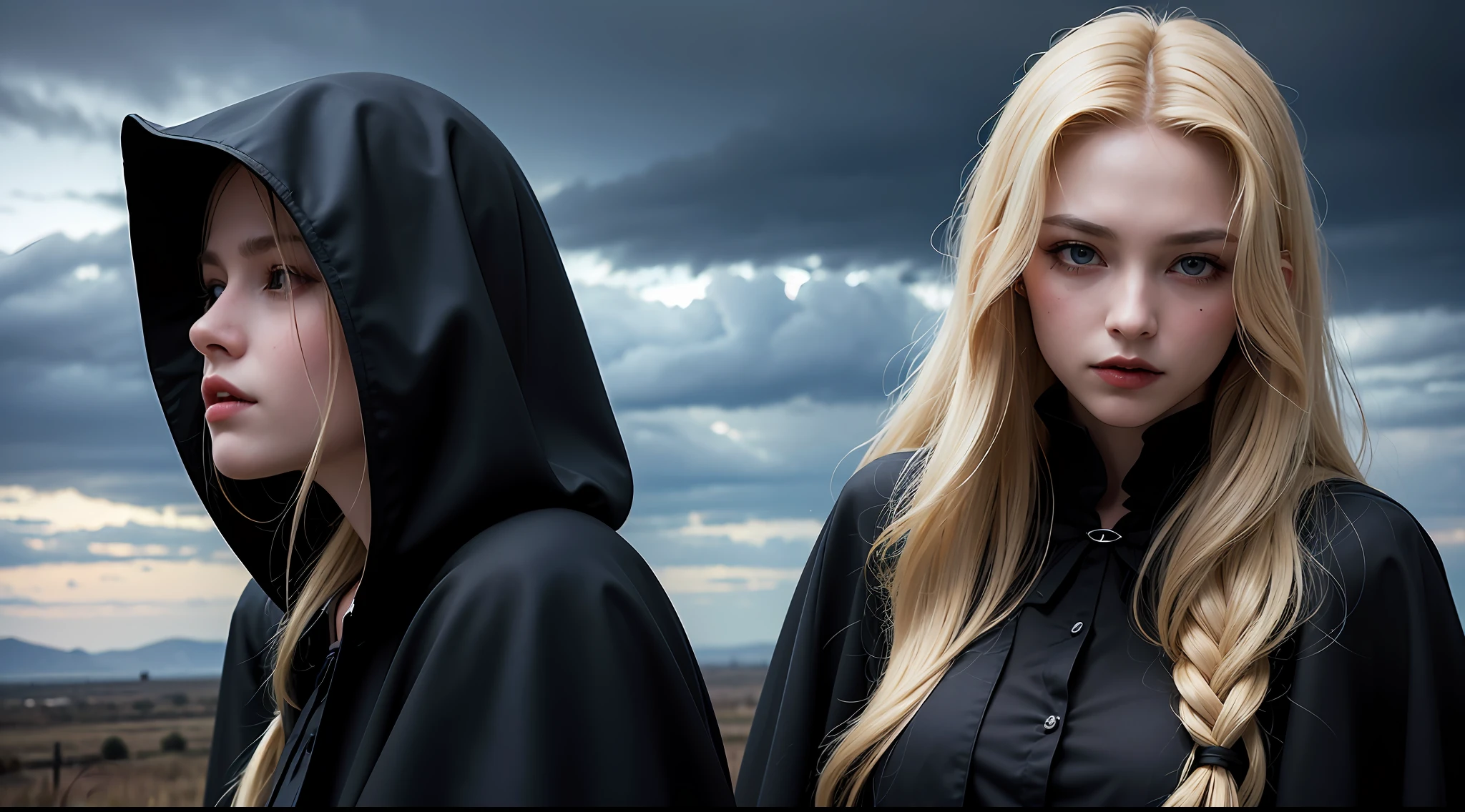 Best quality, masterpiece, ultra high res, (photorealistic:1.4), raw photo, ((Dark Night)), 1vampire girl, long blonde hair, detailed eyes and face, (wearing black vampire cloak), in the dark night, deep black, low key, cowboy shot full-lenght body, ((close eyes)), ((background,clouds with thunder, flying a lot of bats))